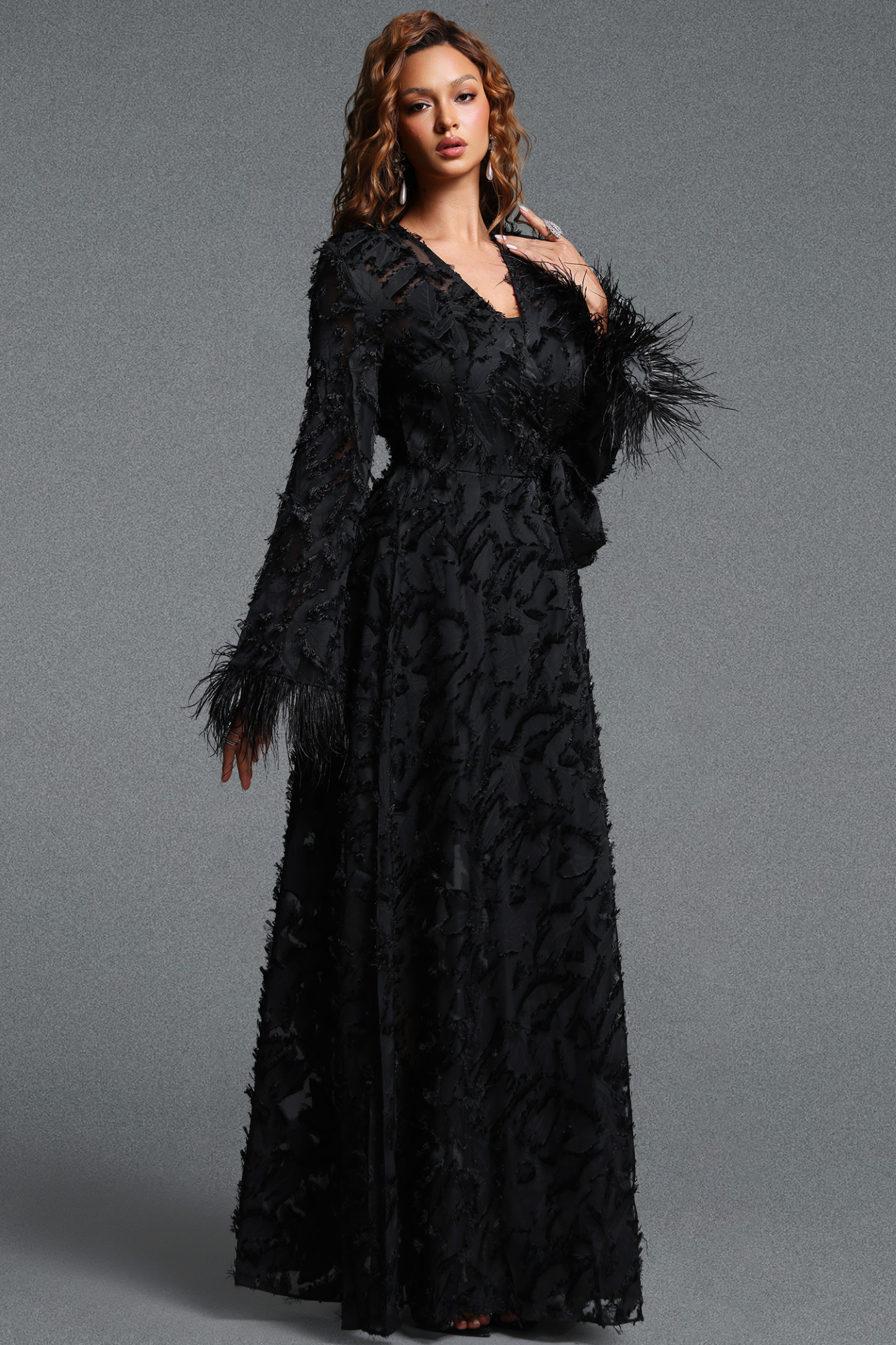 Kijin Vintage Flowy V Neck Long Sleeve Faux Feather‑Trimmed Side Floral Woven Black Maxi Dress