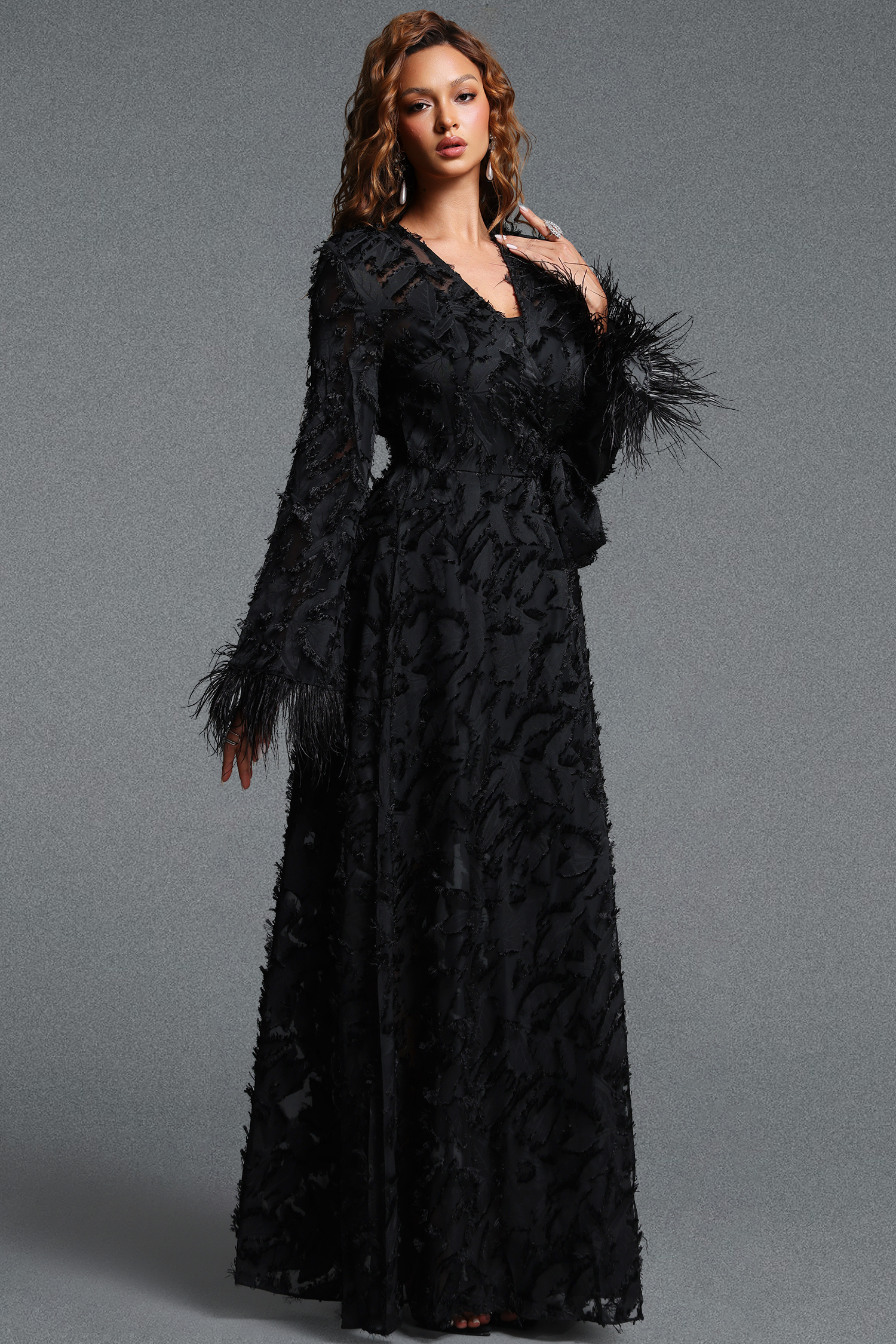 Kijin Vintage Flowy V Neck Long Sleeve Faux Feather‑Trimmed Side Floral Woven Black Maxi Dress