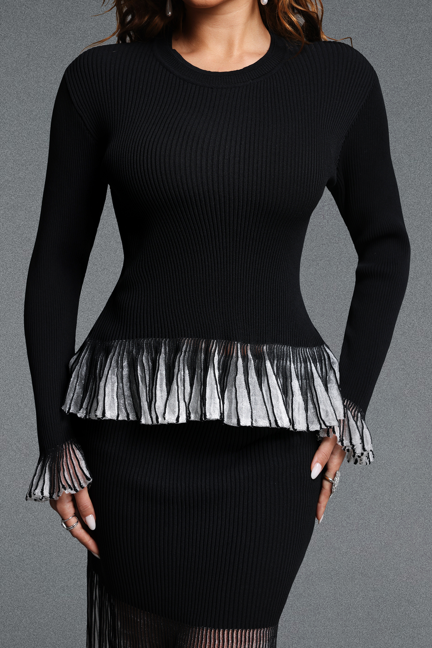 Noah Elegant Contour Round Neck Long Sleeve Ruffle Knit Top and Skirt Two Piece Set