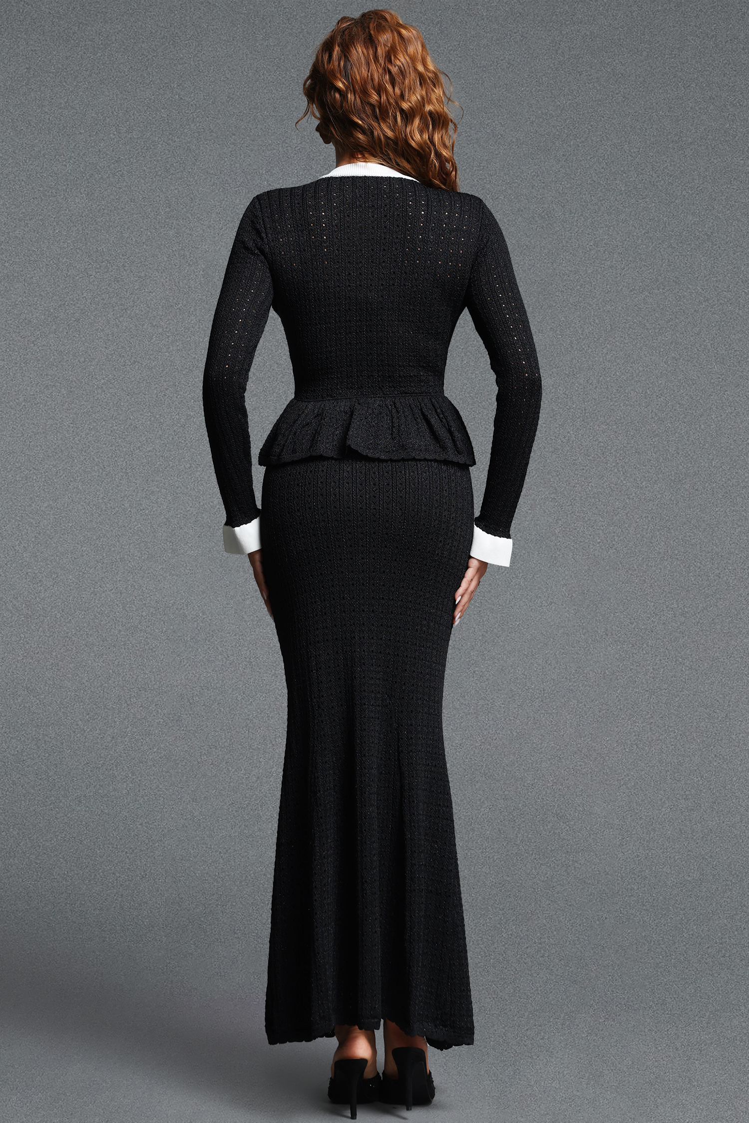Sarah Classic Contour Round Neck Long Sleeve Contrast Knit Top and Mermaid Fishtail Skirt Two Piece Set