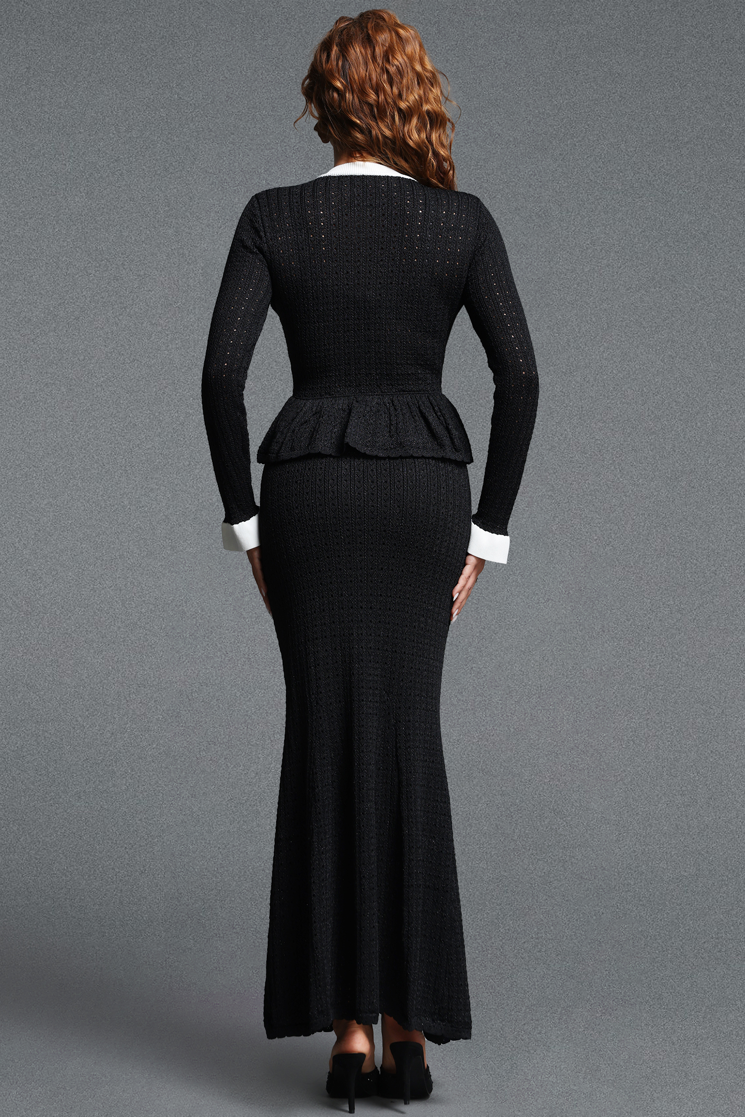 Sarah Classic Contour Round Neck Long Sleeve Contrast Knit Top and Mermaid Fishtail Skirt Two Piece Set