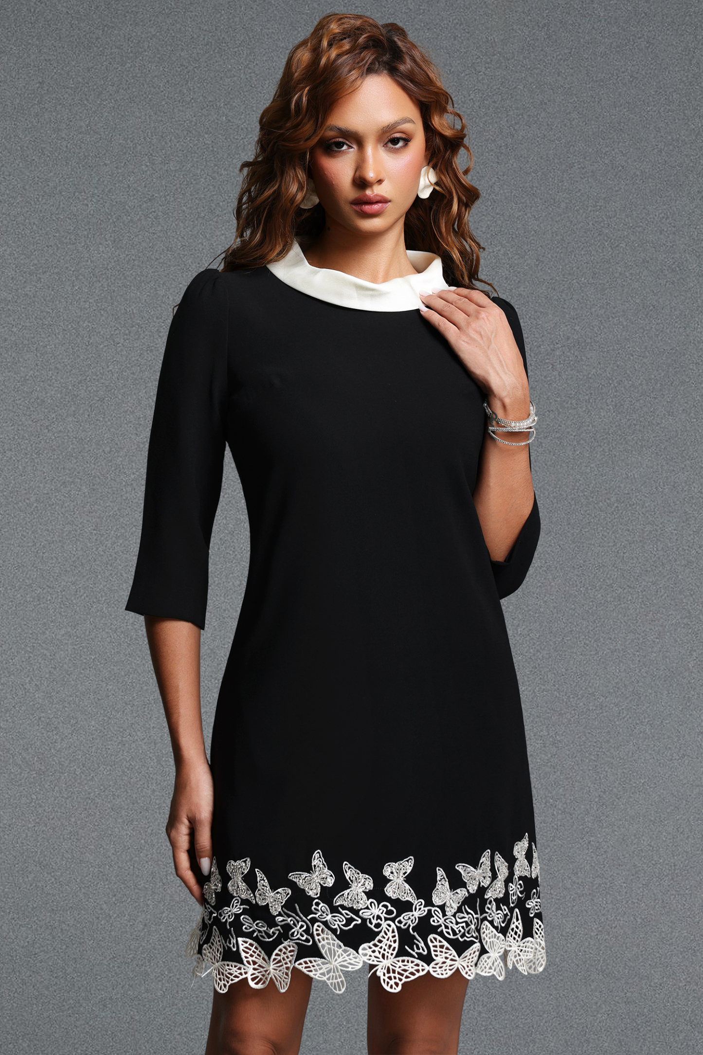 Zalma Vintage Tailored White Collar Half Sleeve Embroidered Butterfly Woven Mini Dress