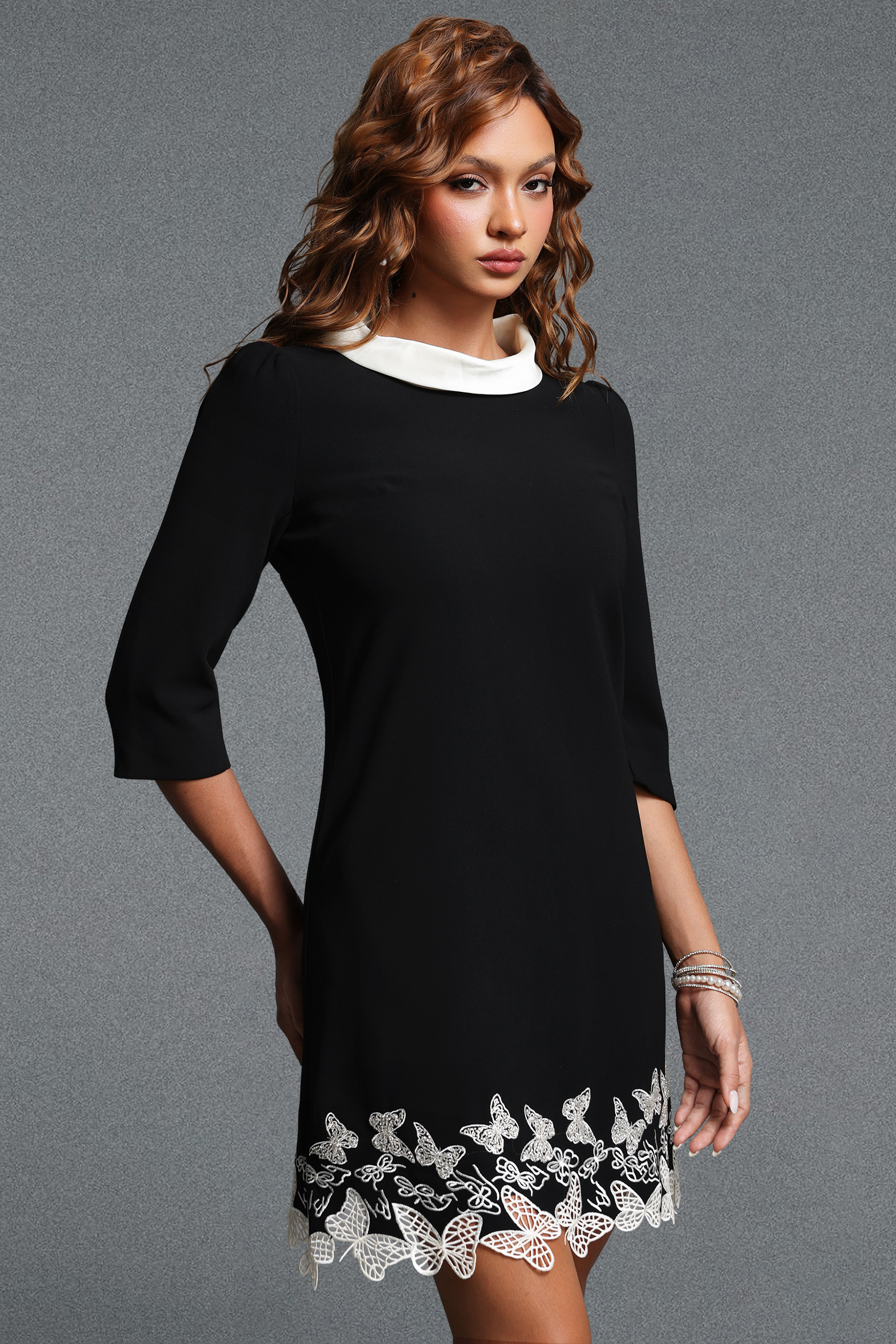 Zalma Vintage Tailored White Collar Half Sleeve Embroidered Butterfly Woven Mini Dress