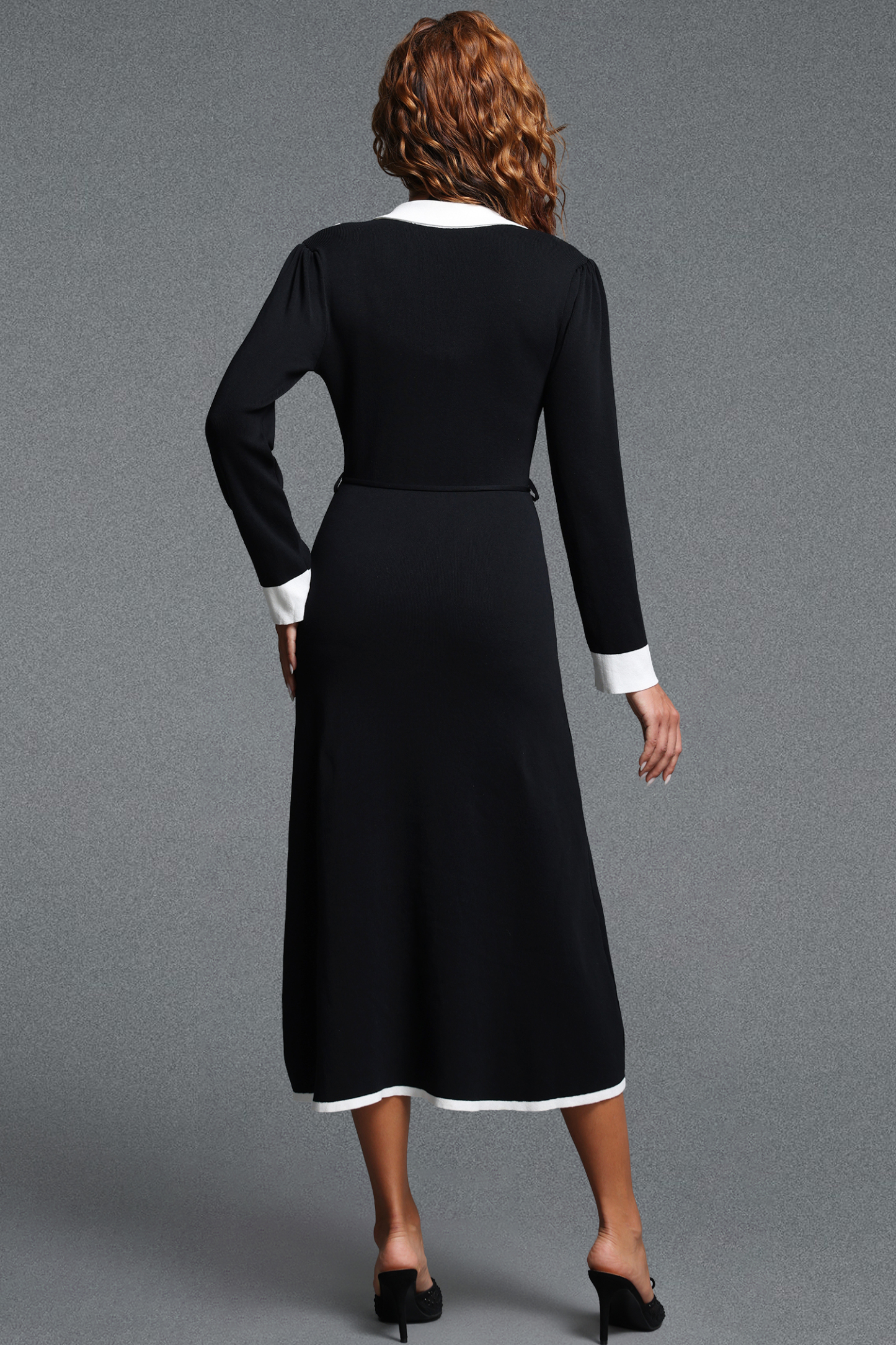 Resber Elegant Contour Collared Long Sleeve Contrast Striped Single-Breasted Knit Midi Dress