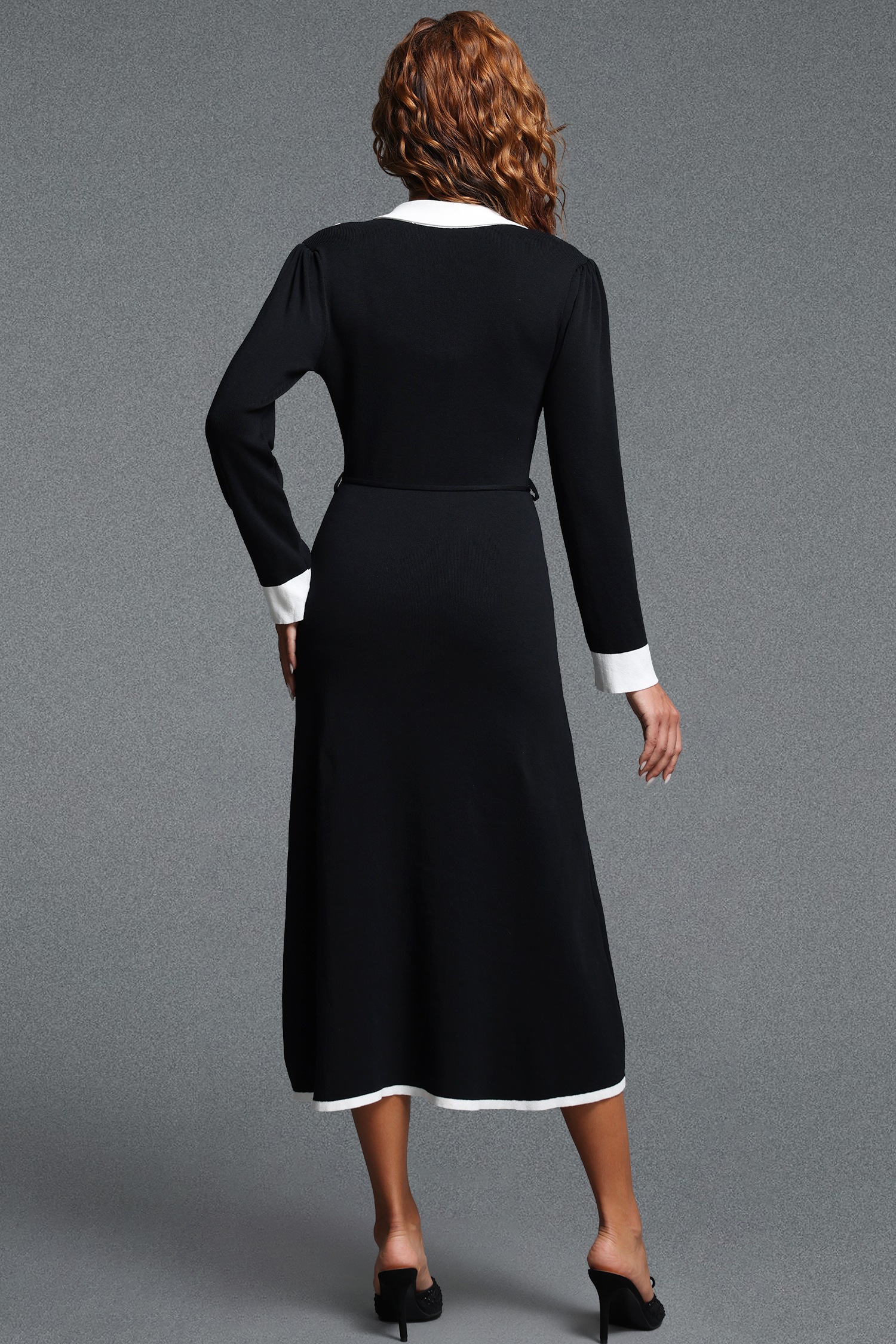 Resber Elegant Contour Collared Long Sleeve Contrast Striped Single-Breasted Knit Midi Dress