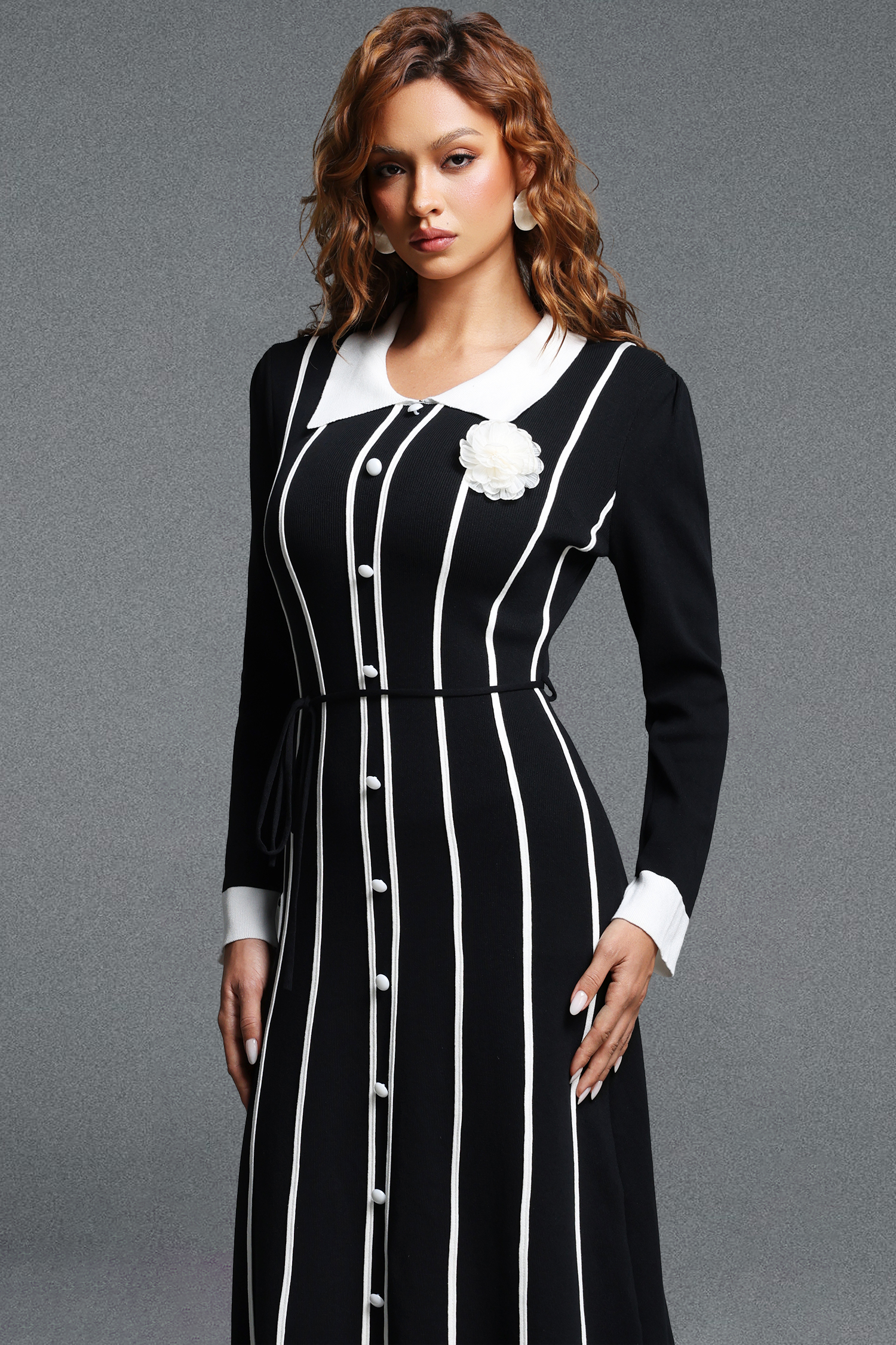 Resber Elegant Contour Collared Long Sleeve Contrast Striped Single-Breasted Knit Midi Dress