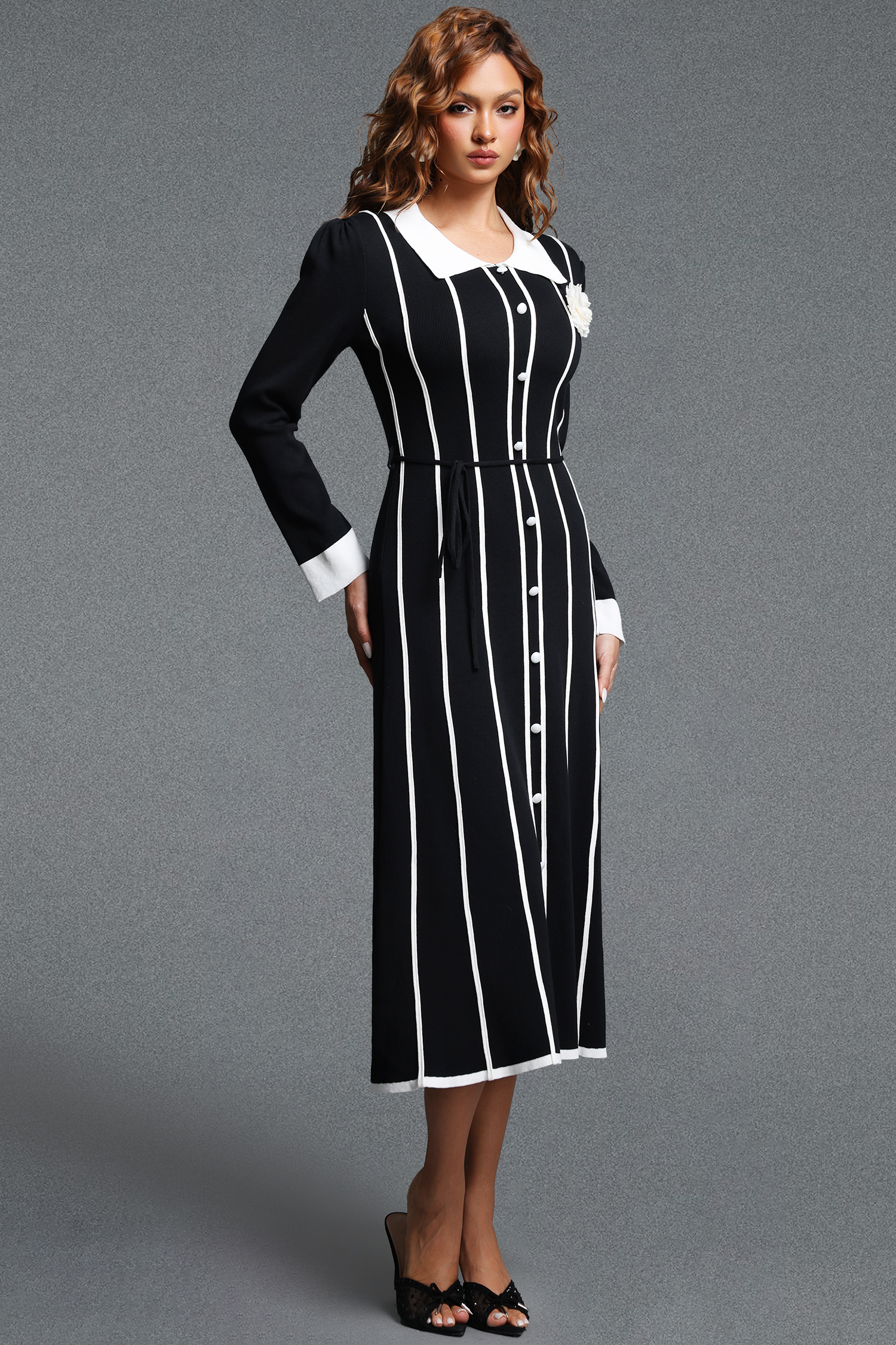 Resber Elegant Contour Collared Long Sleeve Contrast Striped Single-Breasted Knit Midi Dress