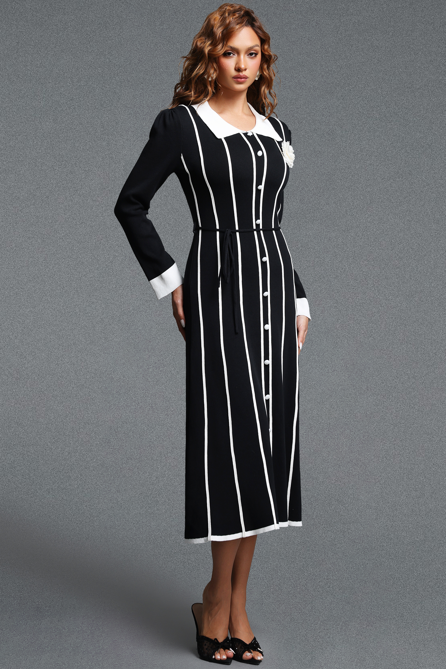 Resber Elegant Contour Collared Long Sleeve Contrast Striped Single-Breasted Knit Midi Dress