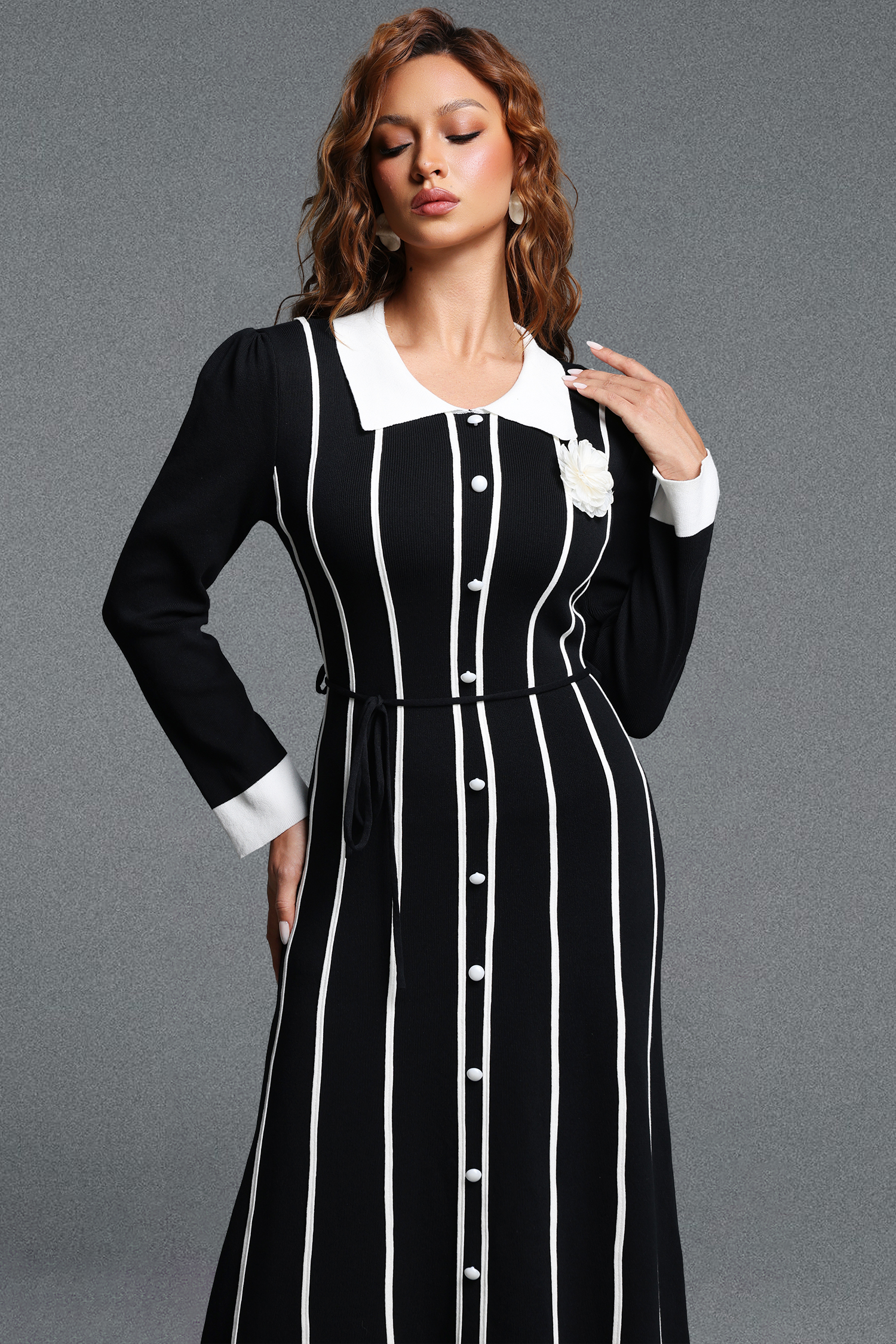 Resber Elegant Contour Collared Long Sleeve Contrast Striped Single-Breasted Knit Midi Dress