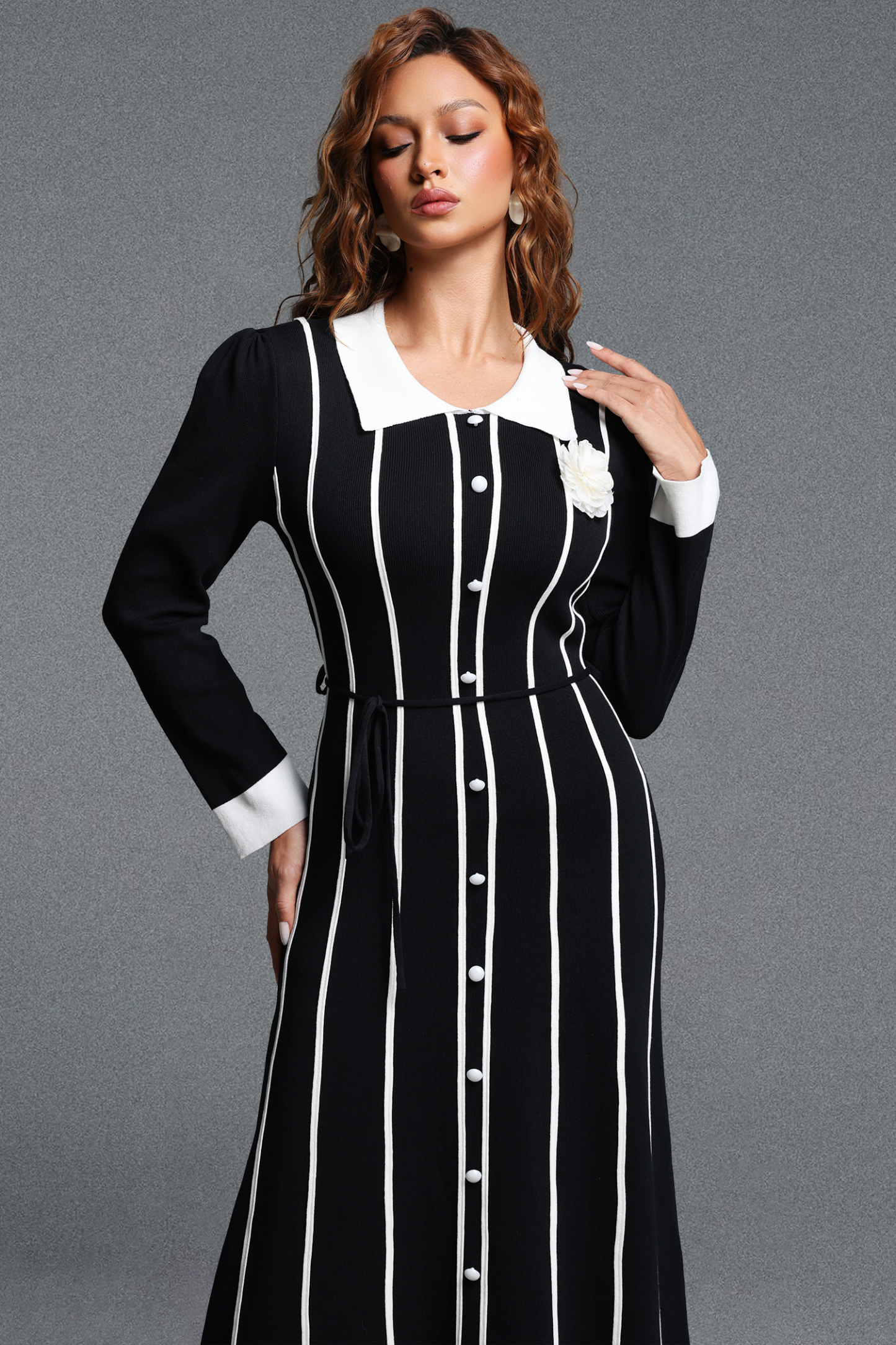 Resber Elegant Contour Collared Long Sleeve Contrast Striped Single-Breasted Knit Midi Dress