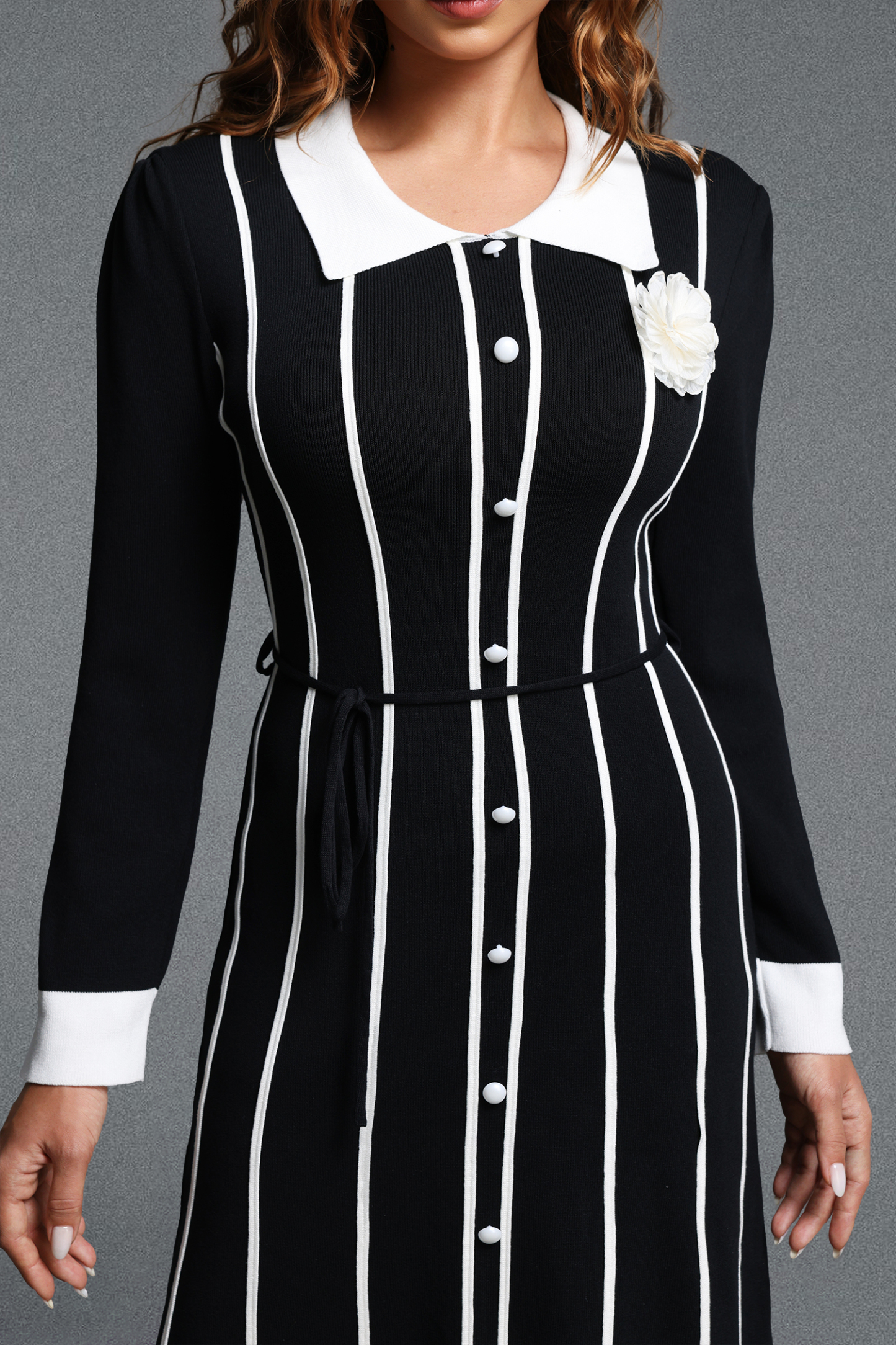 Resber Elegant Contour Collared Long Sleeve Contrast Striped Single-Breasted Knit Midi Dress
