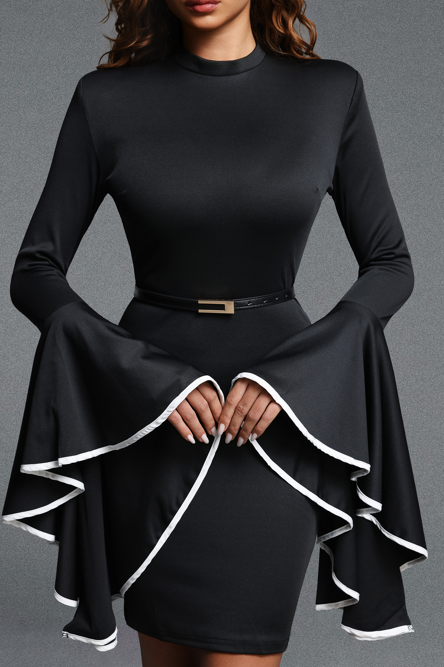 Eurin Chic Contour Mock Neck Long Sleeve Ruffle Woven Mini Dress