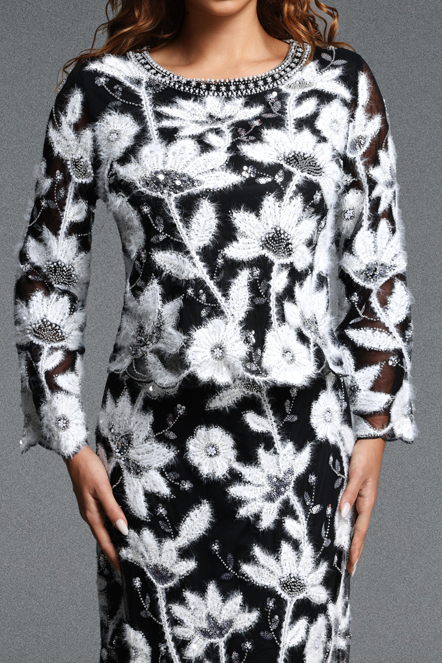 Sami Elegant Round Neck Long Sleeve Embroidered Sequined Floral Flocked Top