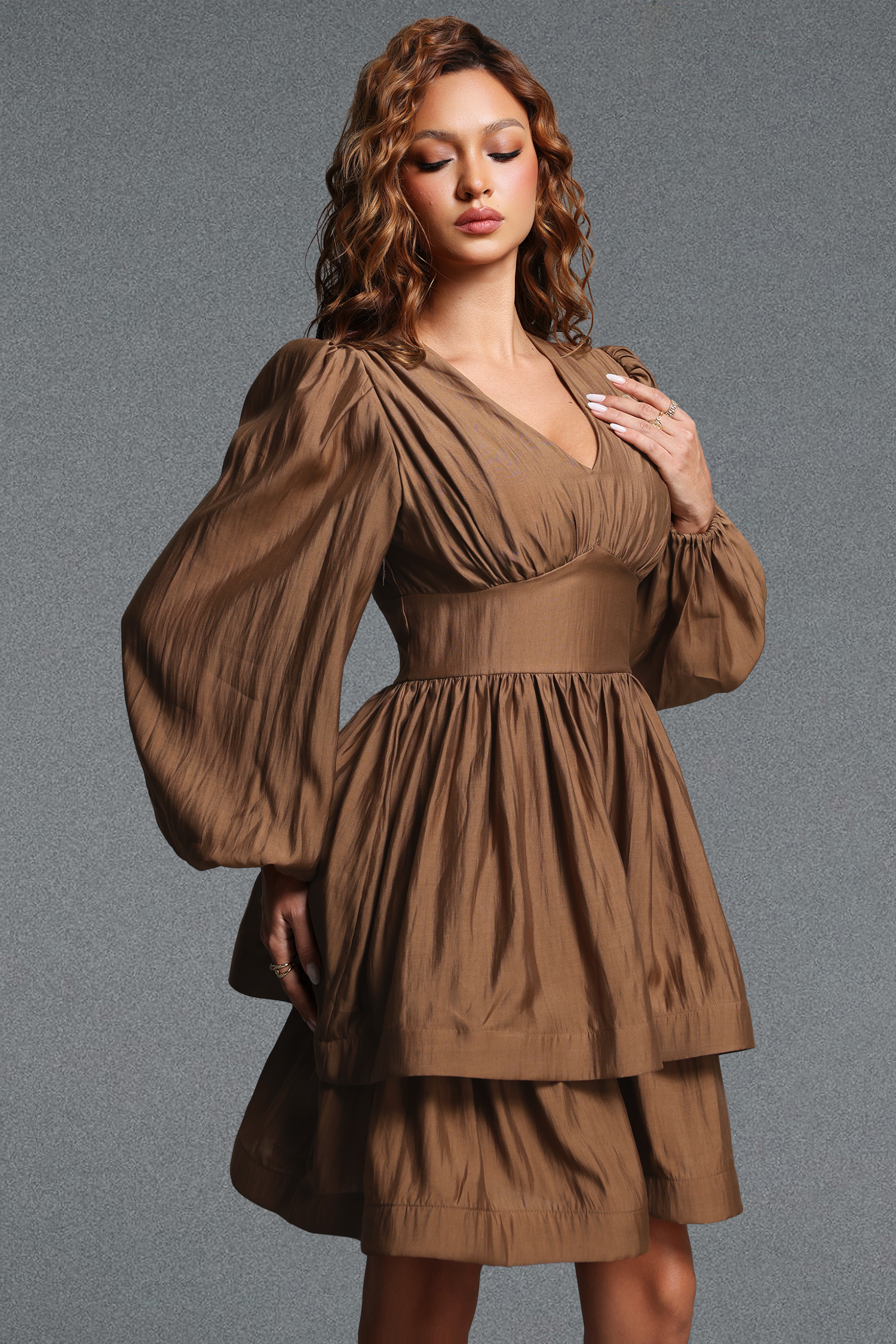 Rereny Chic Flowy V-Neck Long Sleeve Ruched Tiered Woven Mini Dress