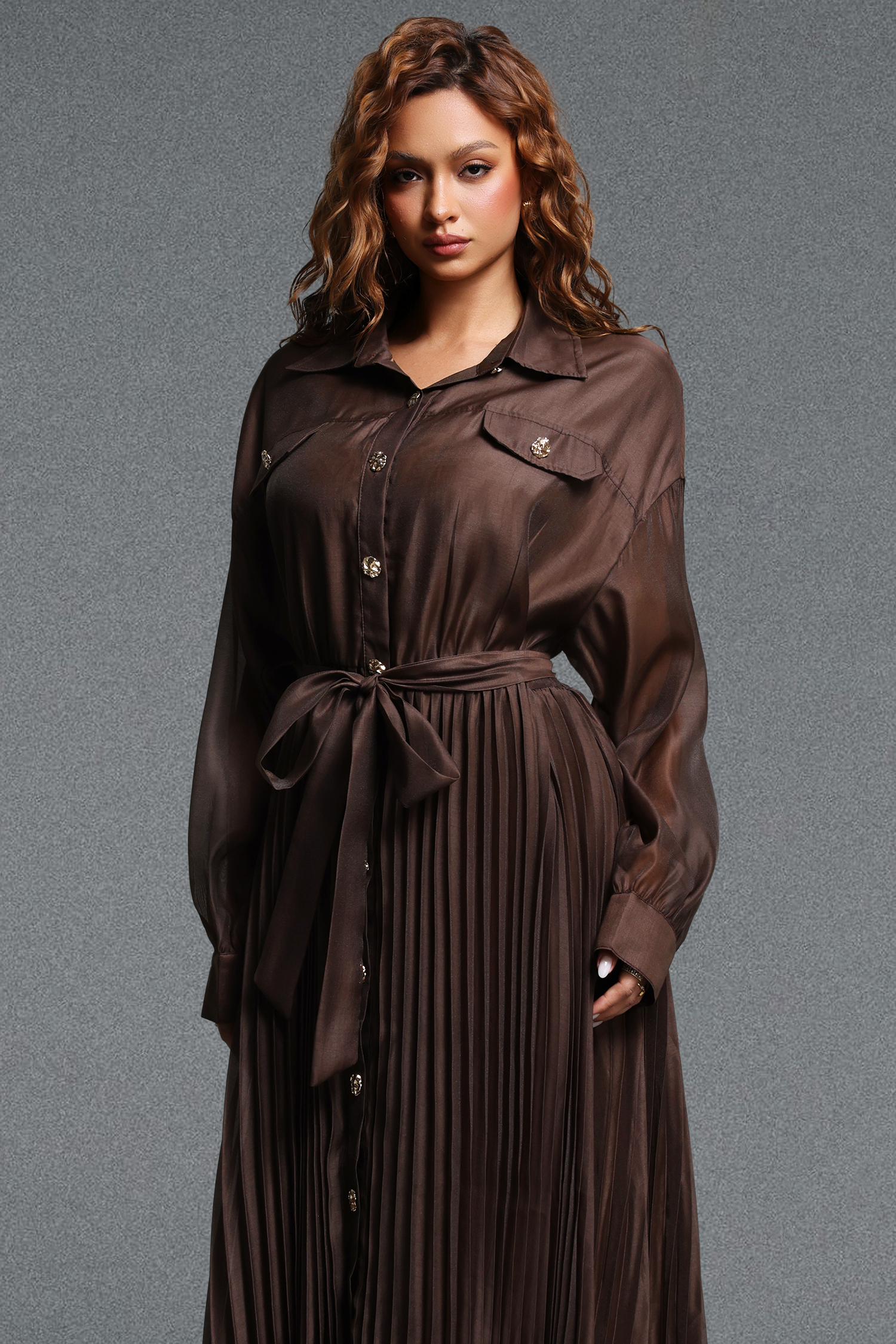 Vali Resort Flowy Long Sleeve Woven Brown Maxi Dress
