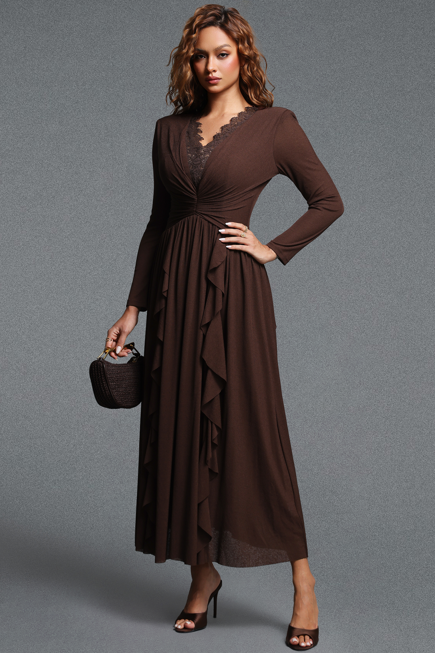 Vole Romantic Flowy Lace Spliced V-Neck Long Sleeve Ruffle Chiffon Maxi Dress