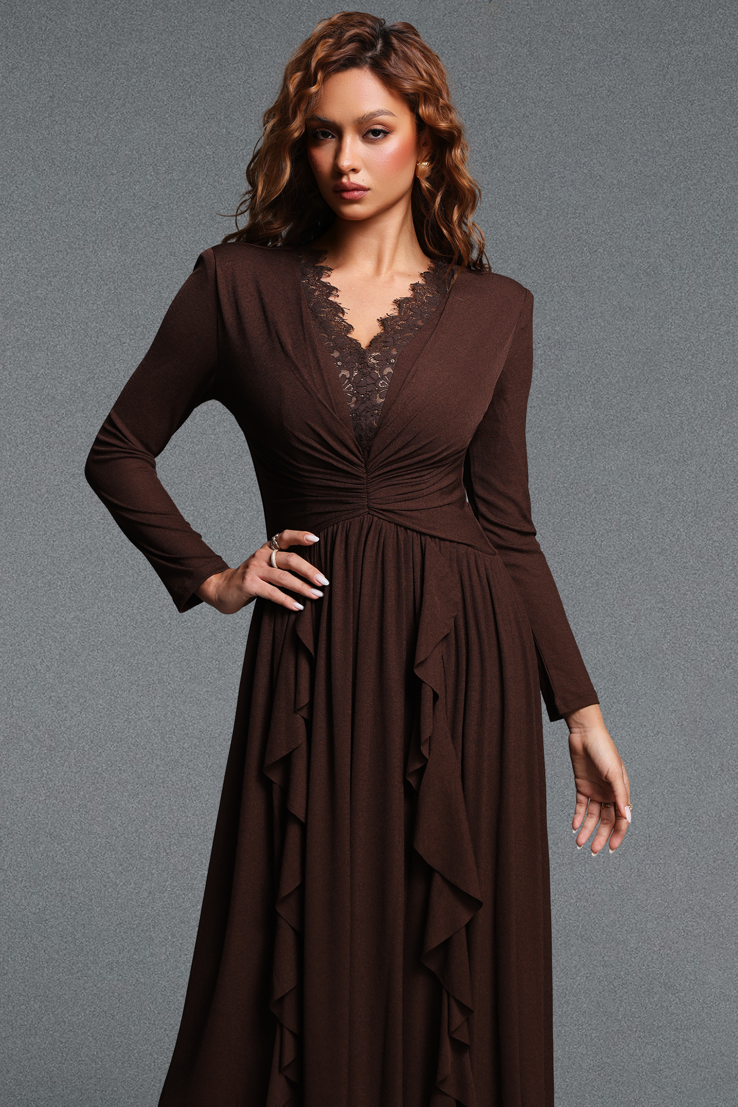 Vole Romantic Flowy Lace Spliced V-Neck Long Sleeve Ruffle Chiffon Maxi Dress