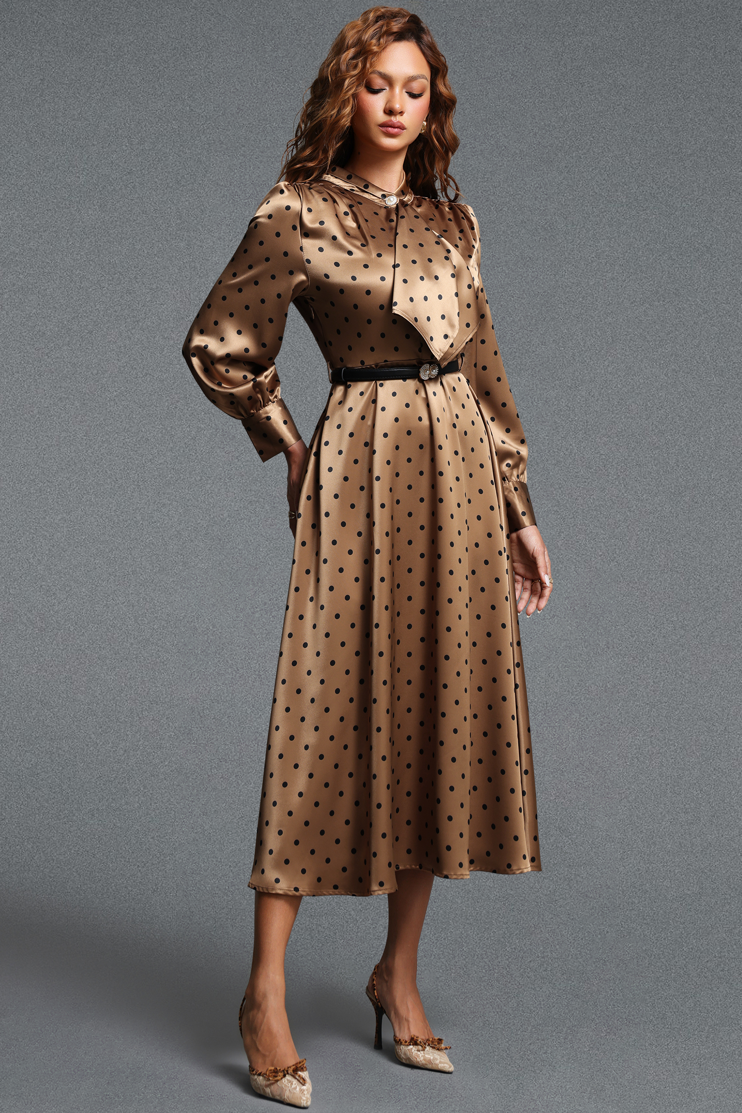 Pelosy Vintage Tailored Long Sleeve Polka Dot Satin Khaki Maxi Dress