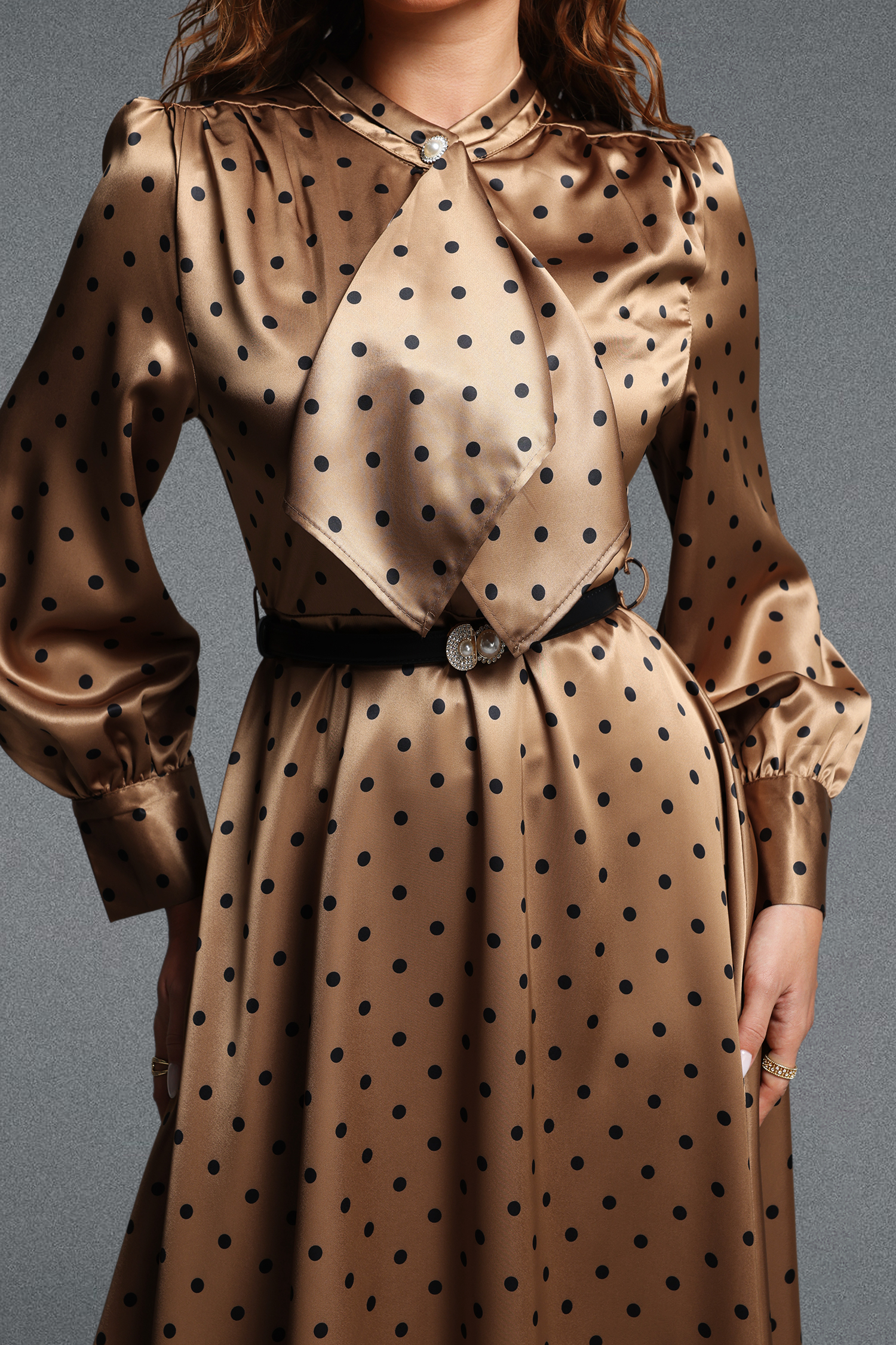 Pelosy Vintage Tailored Long Sleeve Polka Dot Satin Khaki Maxi Dress