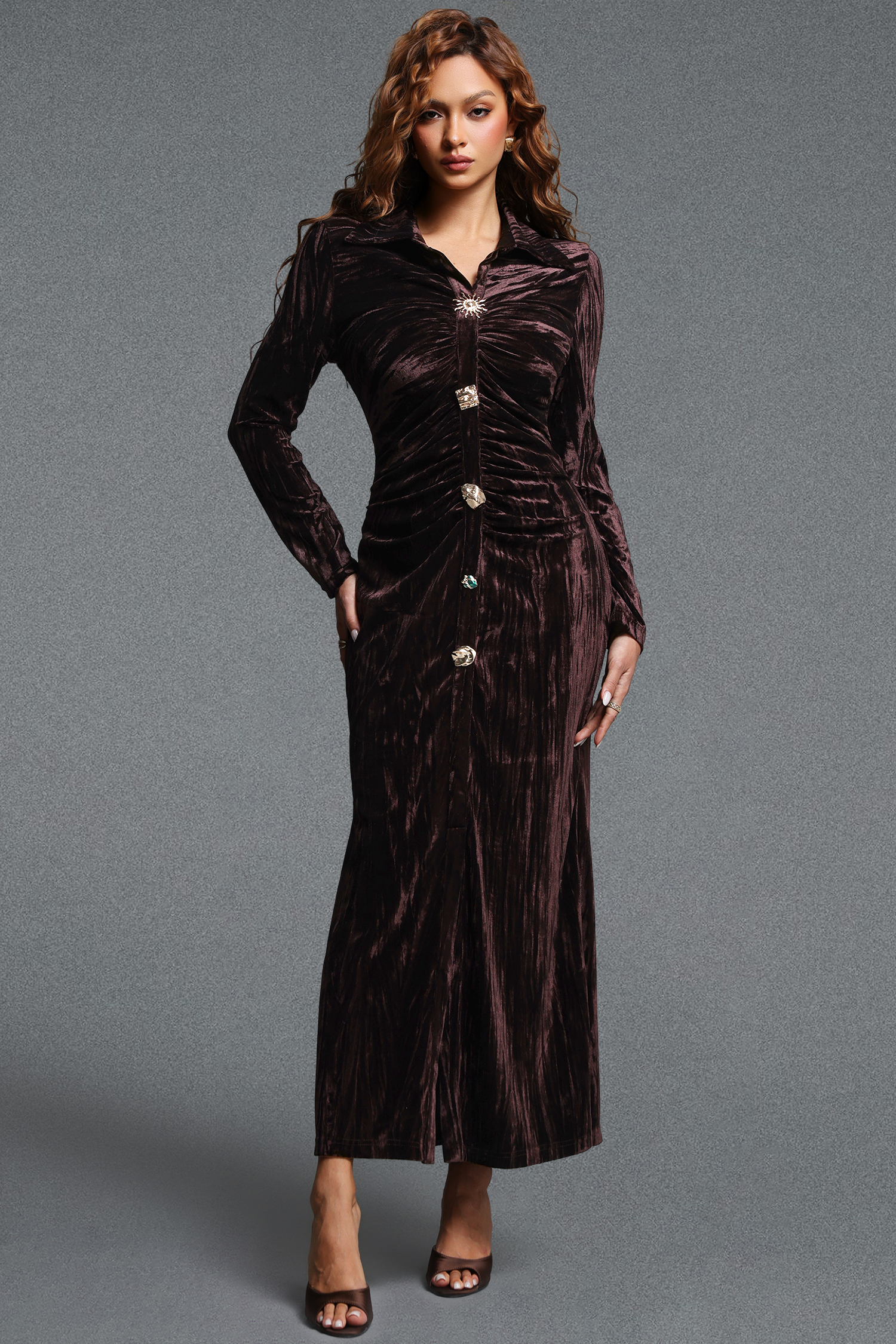 Naomi Elegant Contour Long Sleeve Ruched Velvet Maxi Dress
