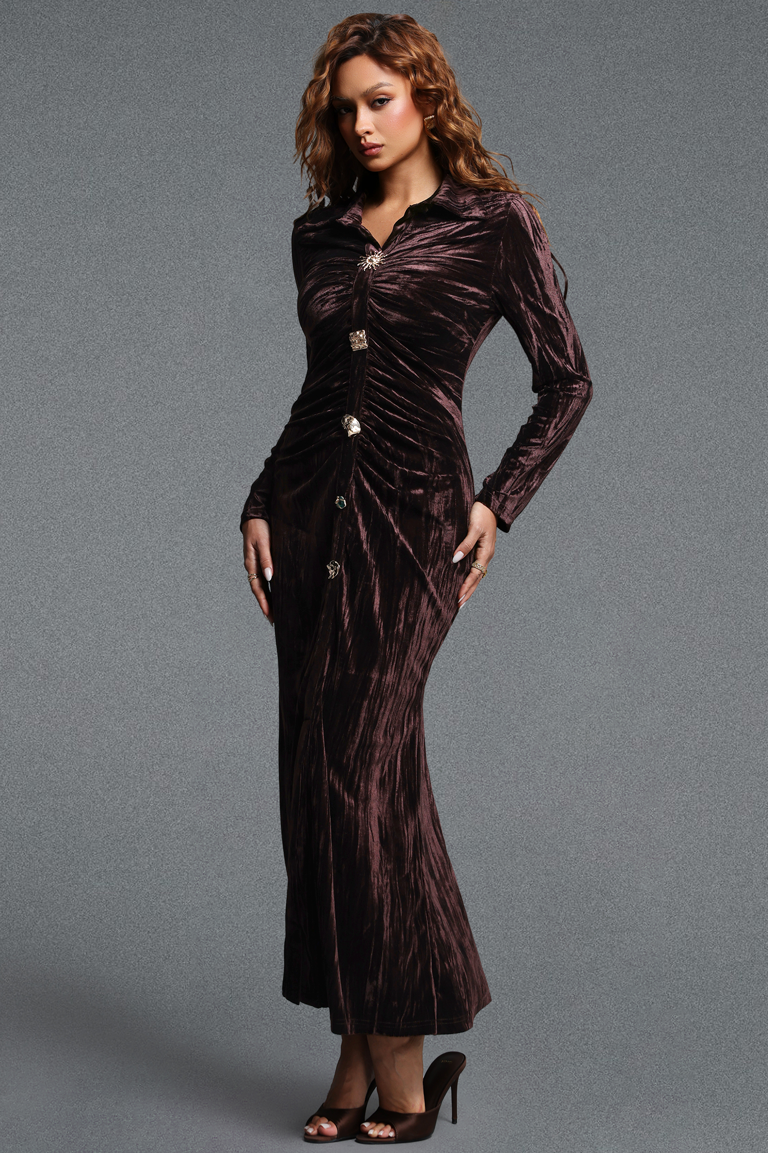 Naomi Elegant Contour Long Sleeve Ruched Velvet Maxi Dress
