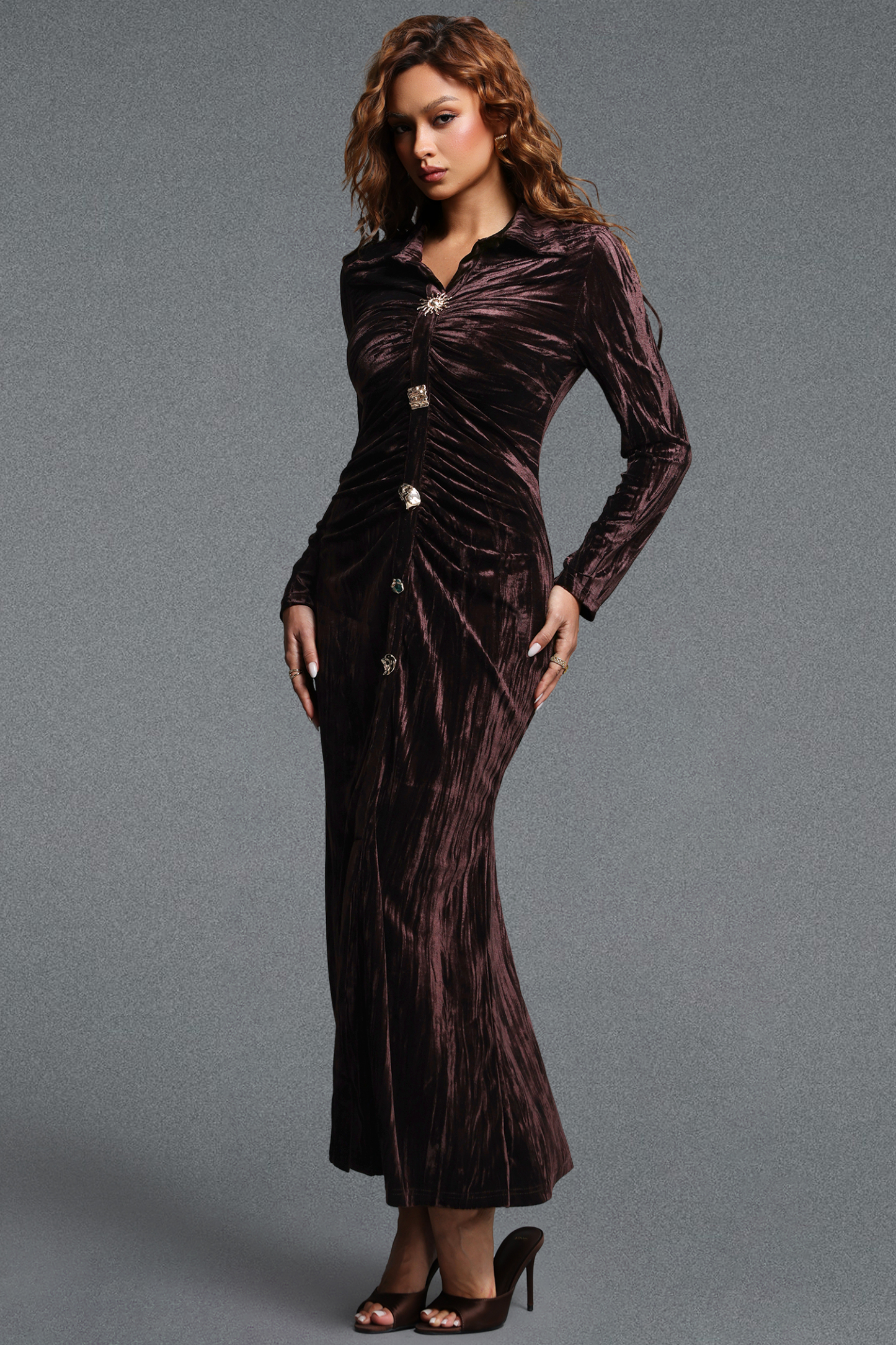 Naomi Elegant Contour Long Sleeve Ruched Velvet Maxi Dress