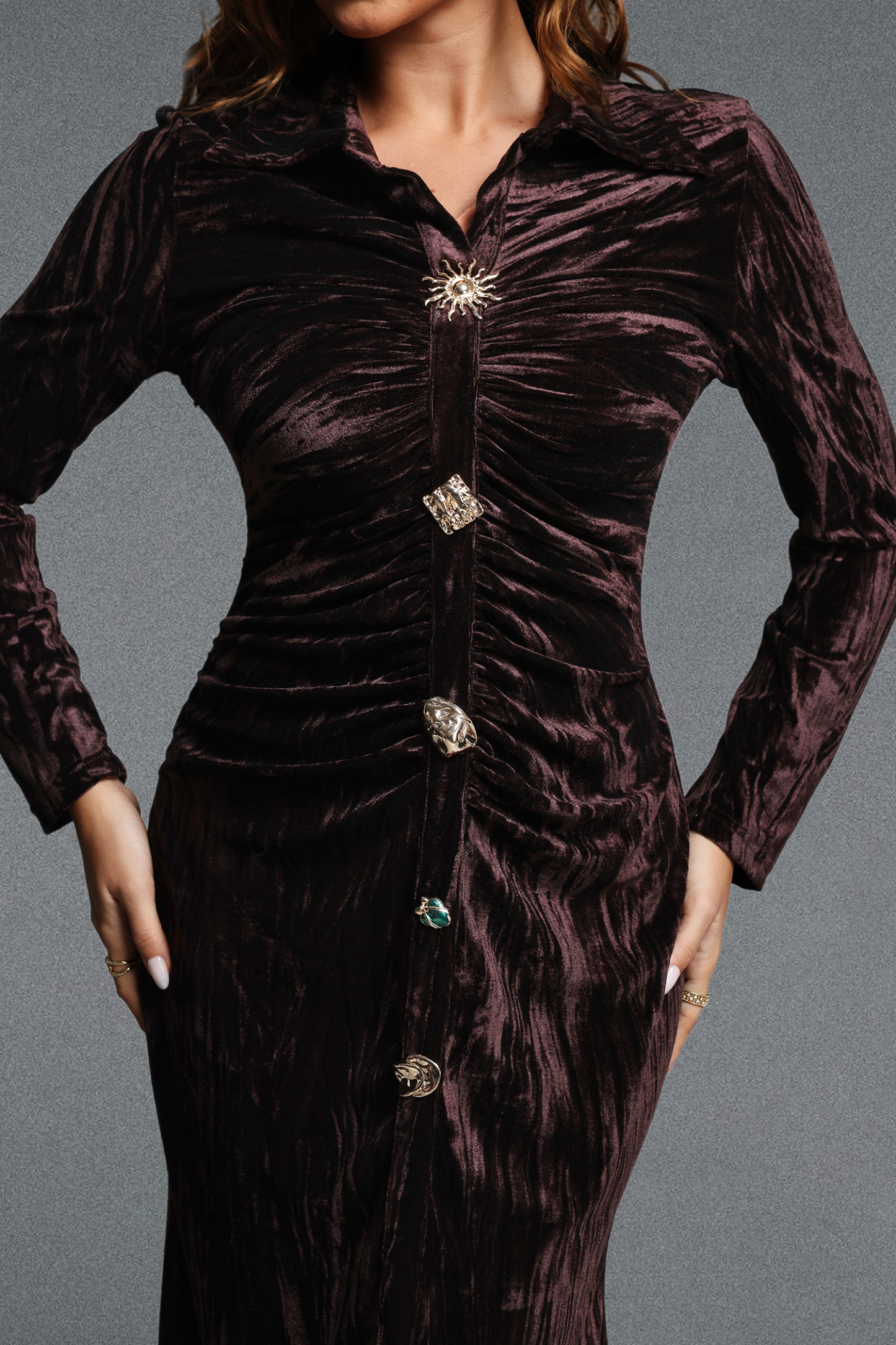 Naomi Elegant Contour Long Sleeve Ruched Velvet Maxi Dress