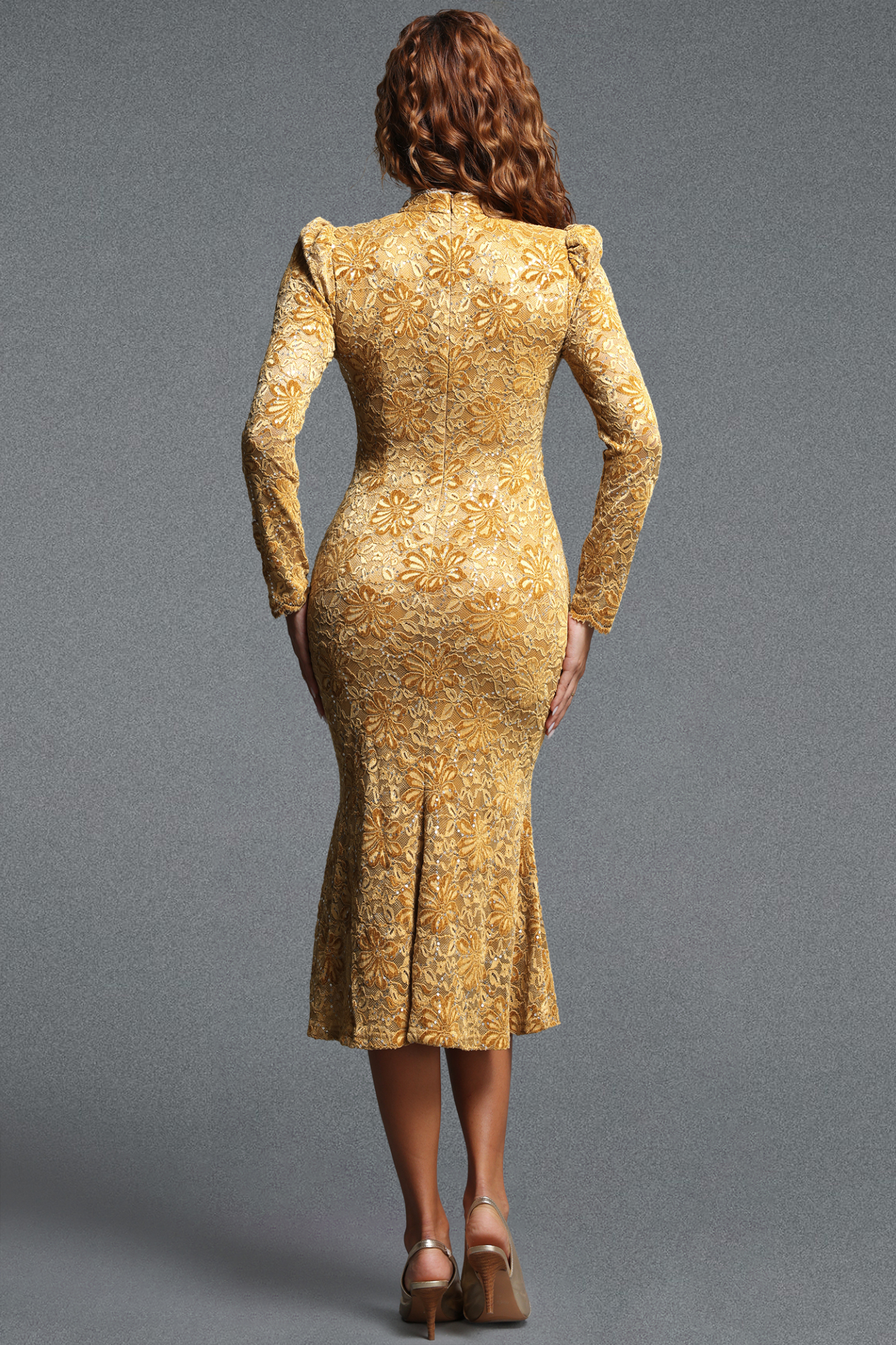 Reminisce Elegant Contour Stand Collar Long Sleeve Sequin Floral Lace Midi Dress