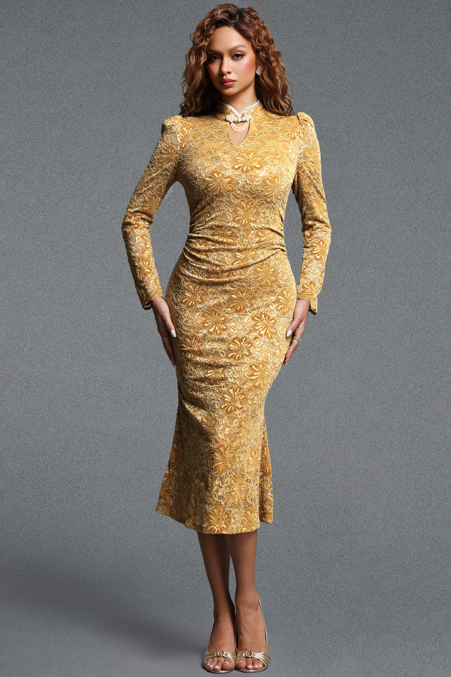 Reminisce Elegant Contour Stand Collar Long Sleeve Sequin Floral Lace Midi Dress