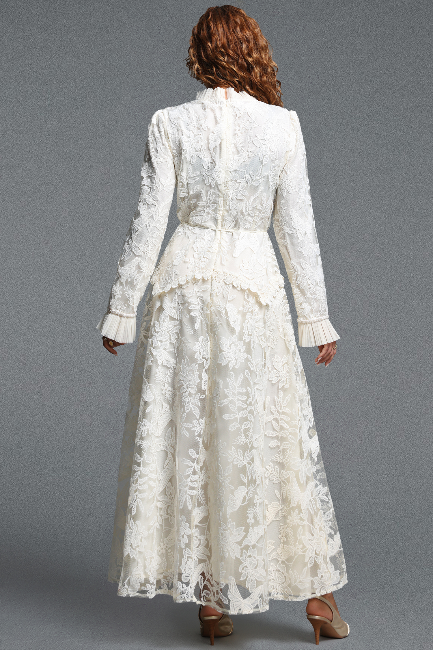 Edie Romantic Flowy Long Sleeve Ruffle Floral Lace Maxi Dress