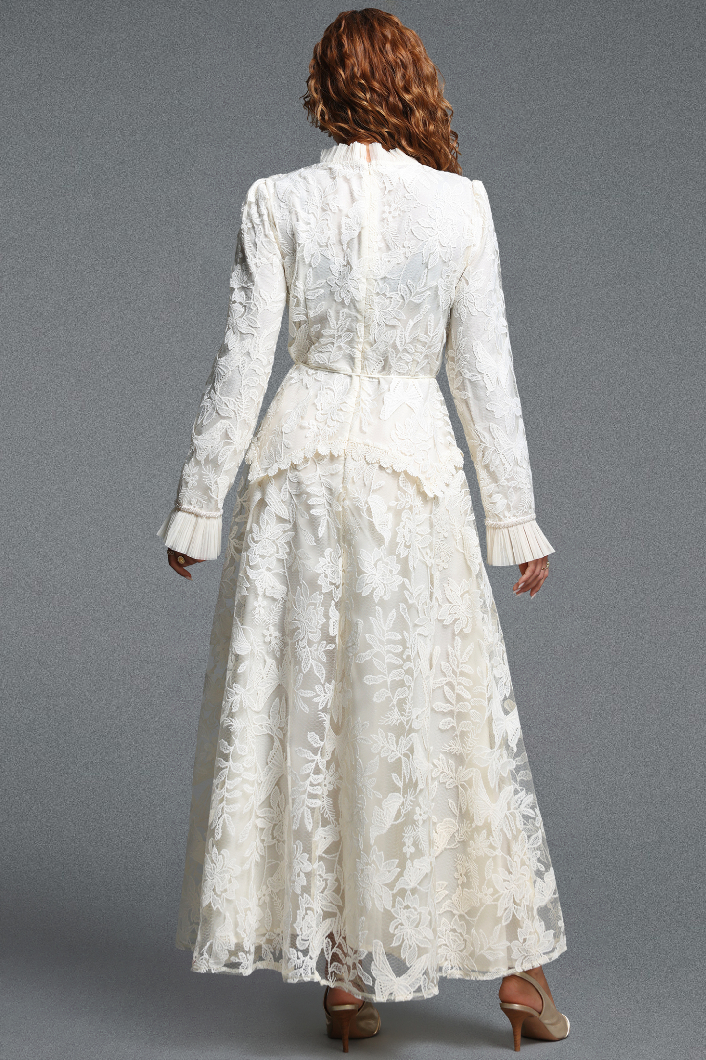 Edie Romantic Flowy Long Sleeve Ruffle Floral Lace Maxi Dress