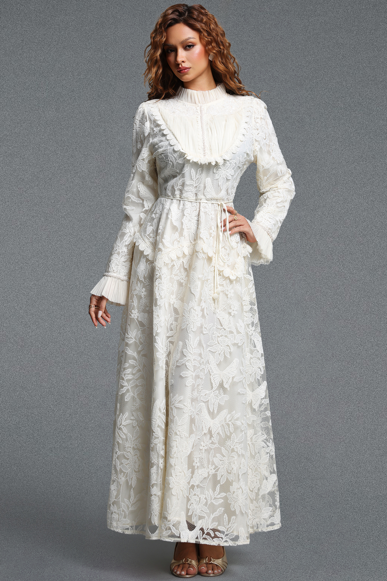 Edie Romantic Flowy Long Sleeve Ruffle Floral Lace Maxi Dress