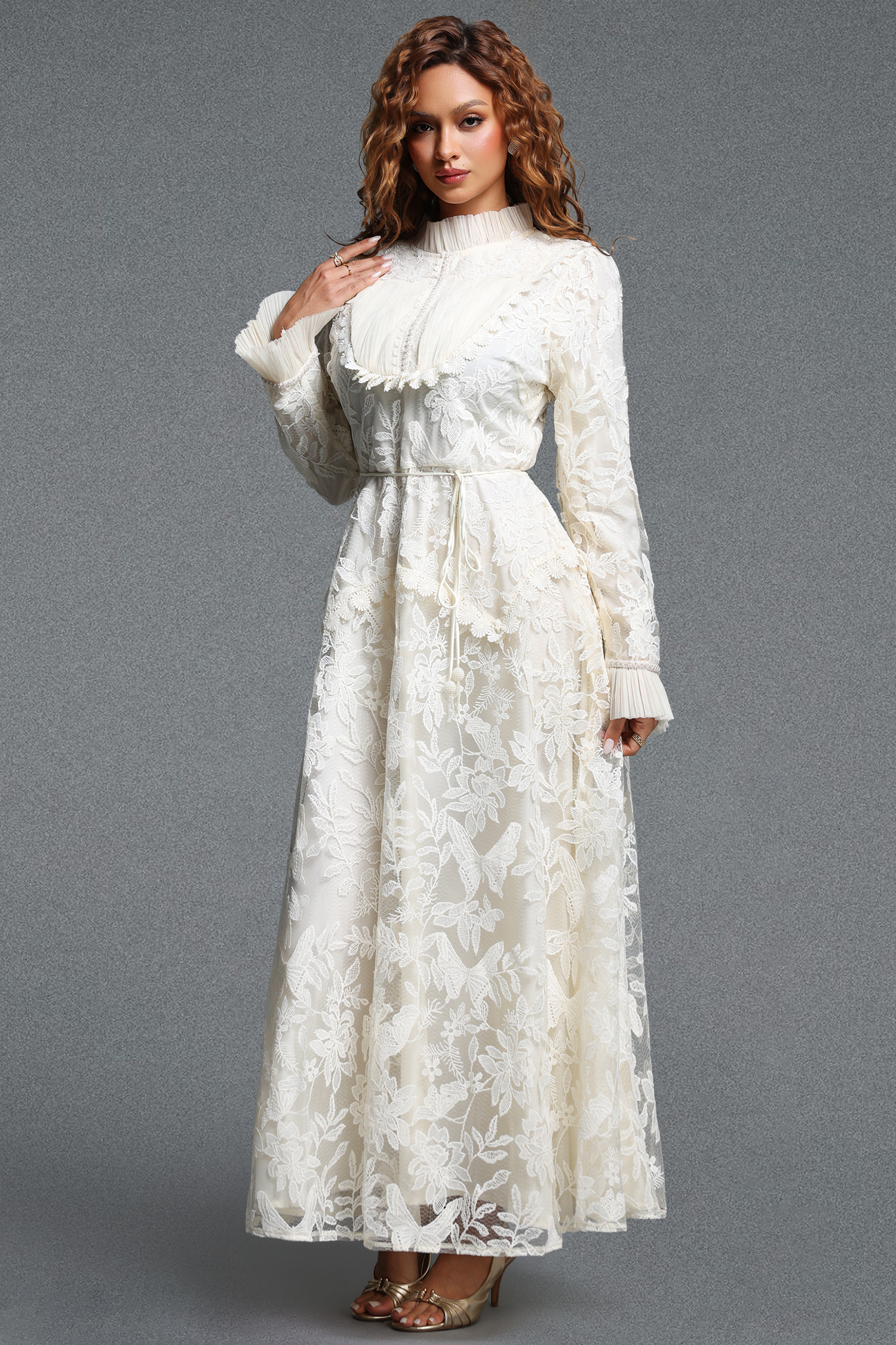 Edie Romantic Flowy Long Sleeve Ruffle Floral Lace Maxi Dress