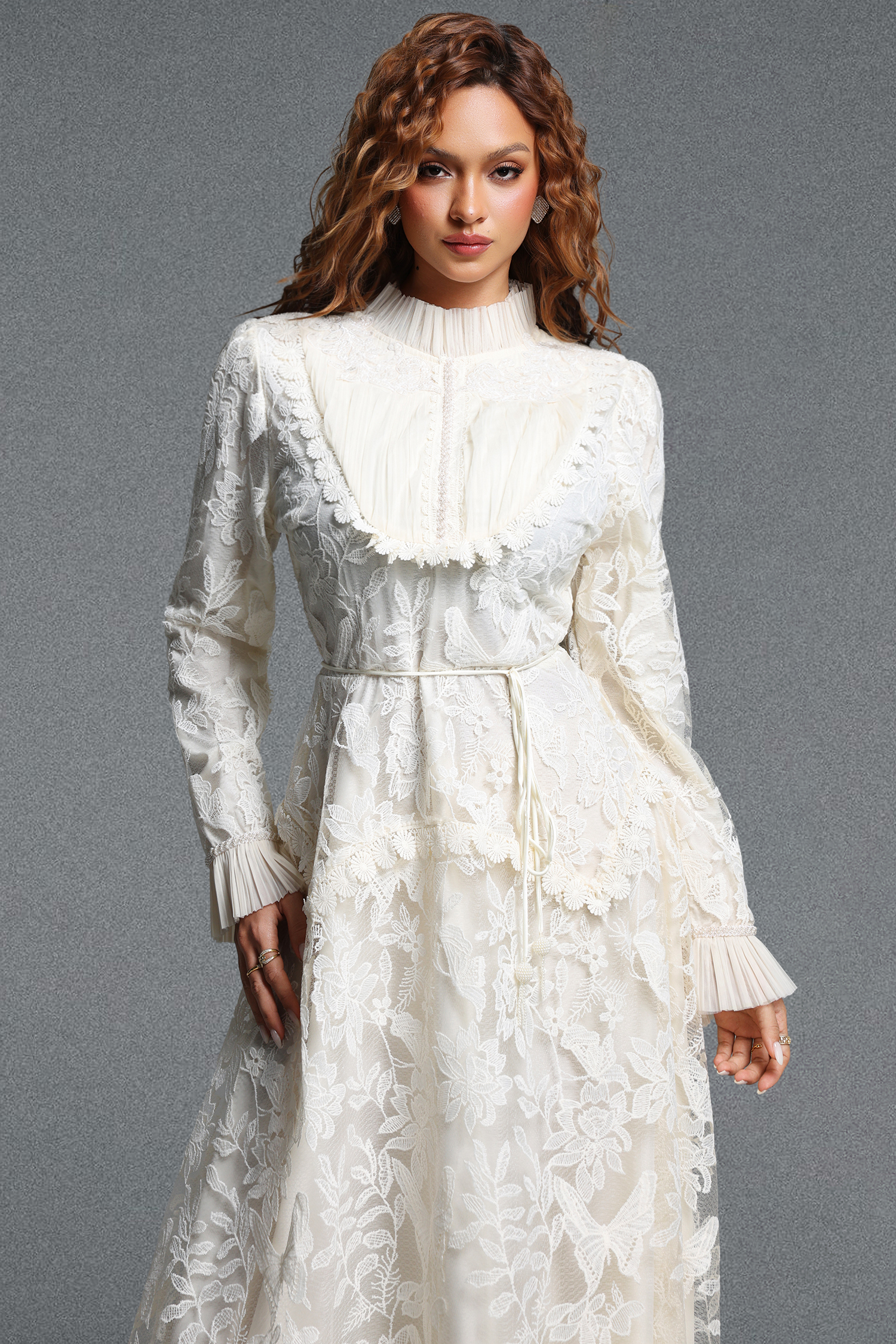 Edie Romantic Flowy Long Sleeve Ruffle Floral Lace Maxi Dress