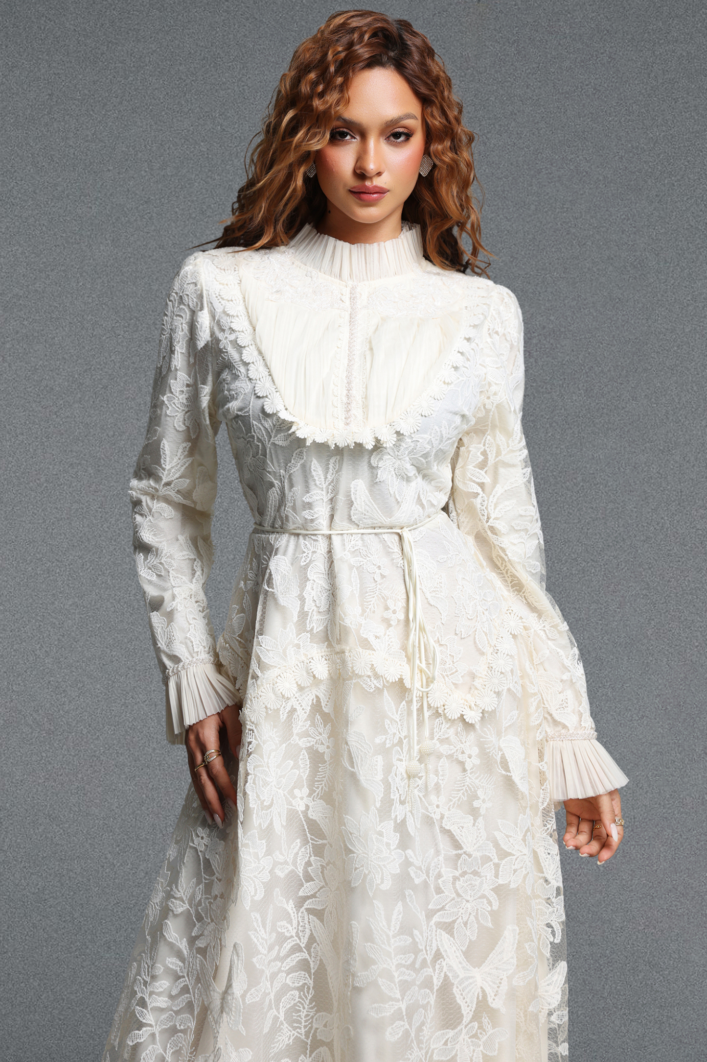 Edie Romantic Flowy Long Sleeve Ruffle Floral Lace Maxi Dress