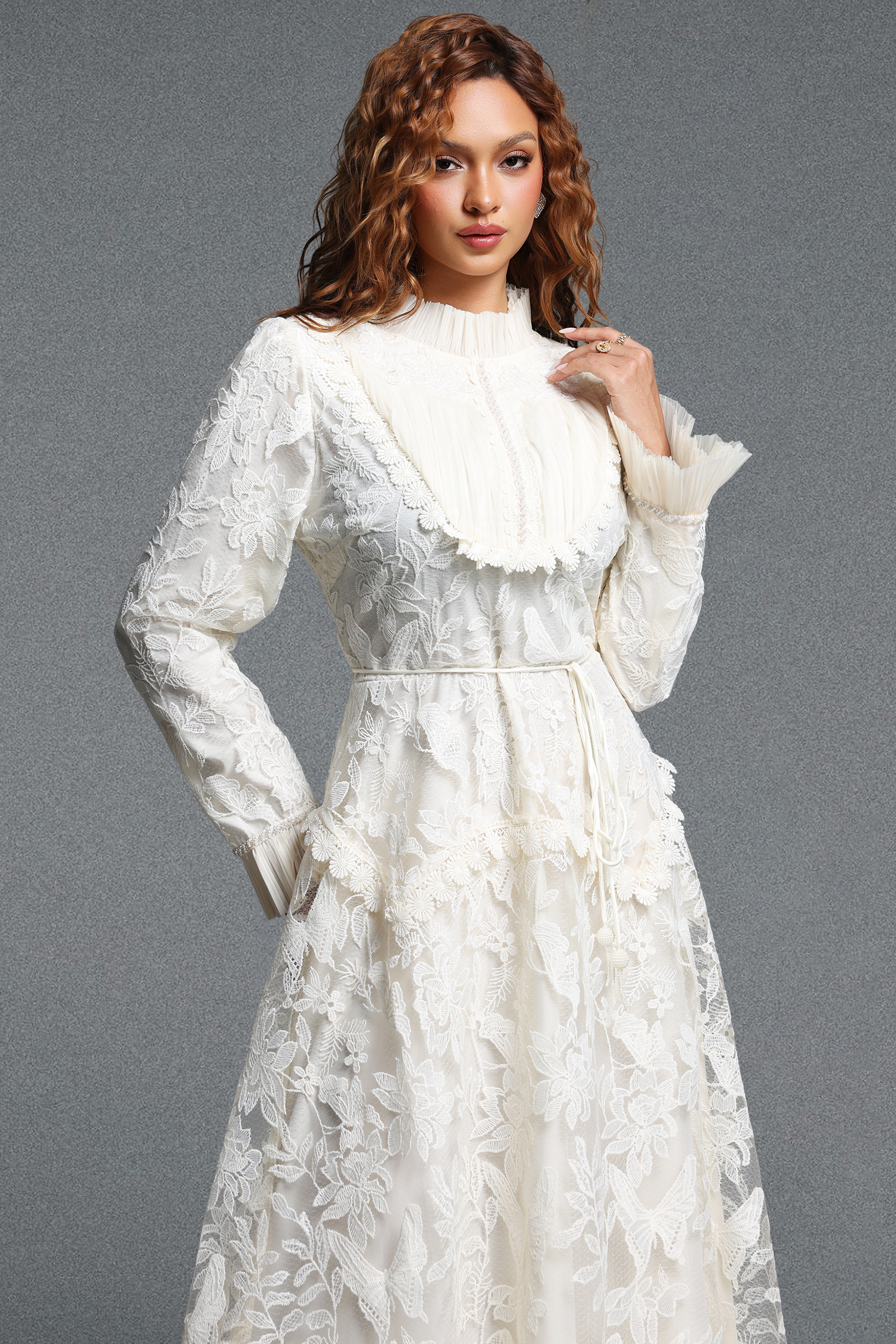 Edie Romantic Flowy Long Sleeve Ruffle Floral Lace Maxi Dress