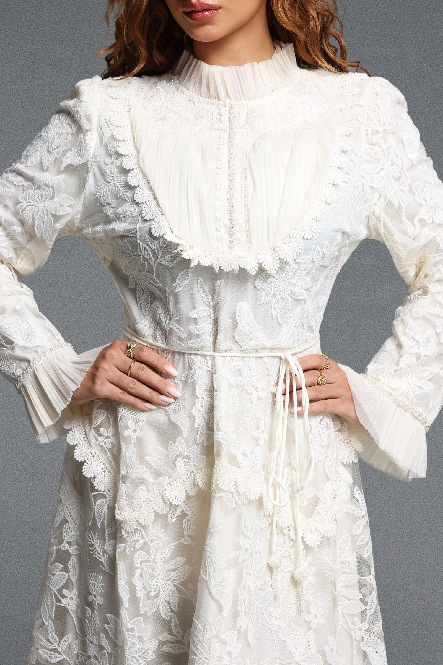 Edie Romantic Flowy Long Sleeve Ruffle Floral Lace Maxi Dress
