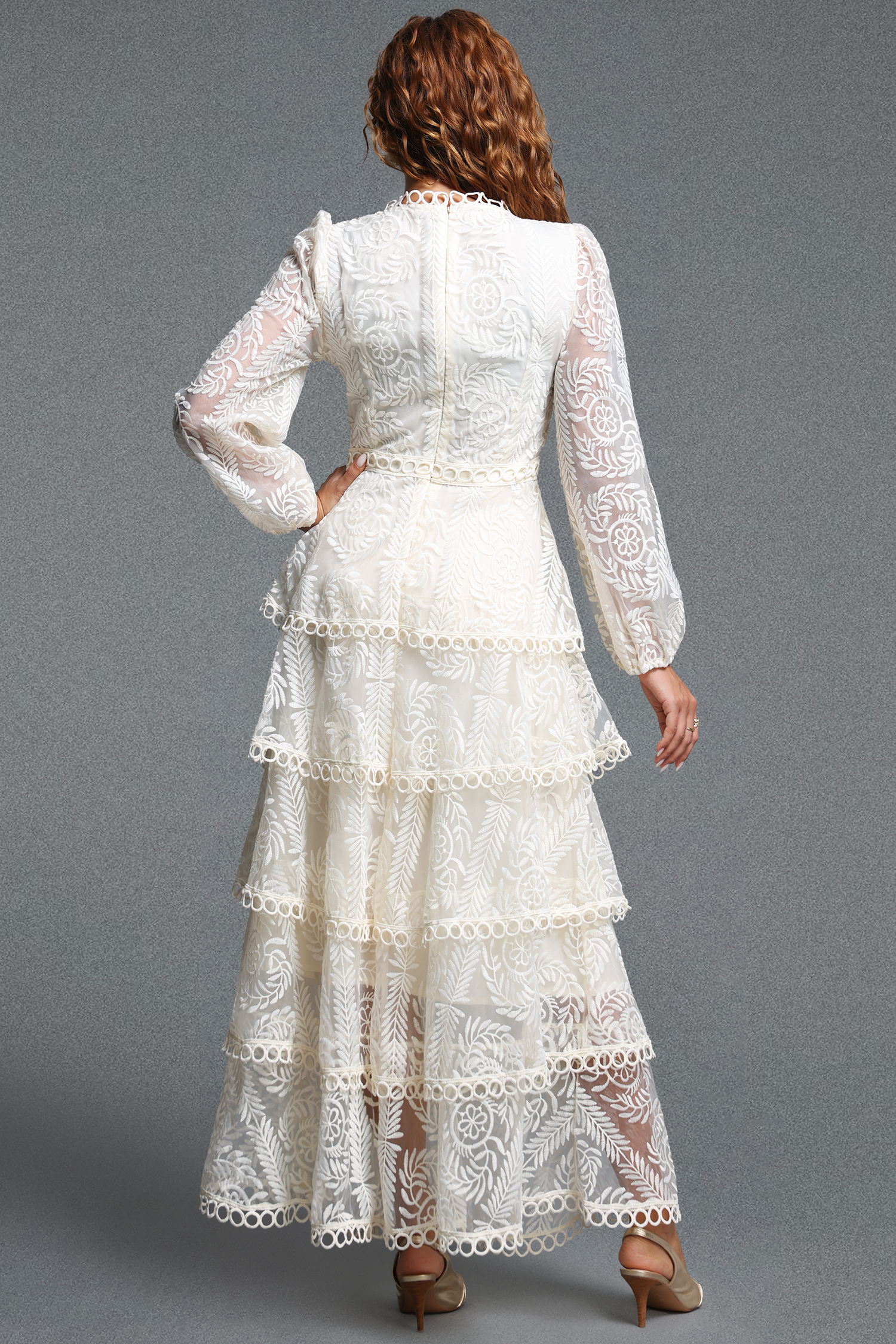 Katya Romantic Flowy Round Neck Long Sleeve Lace Tiered Maxi Dress