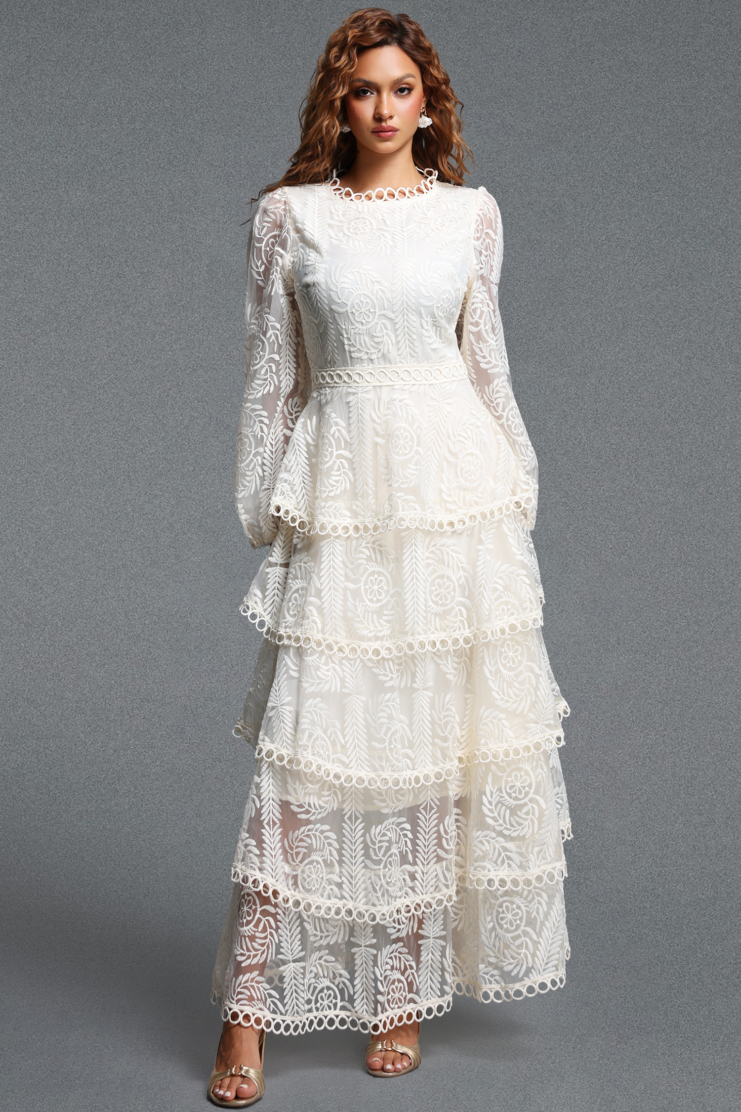 Katya Romantic Flowy Round Neck Long Sleeve Lace Tiered Maxi Dress