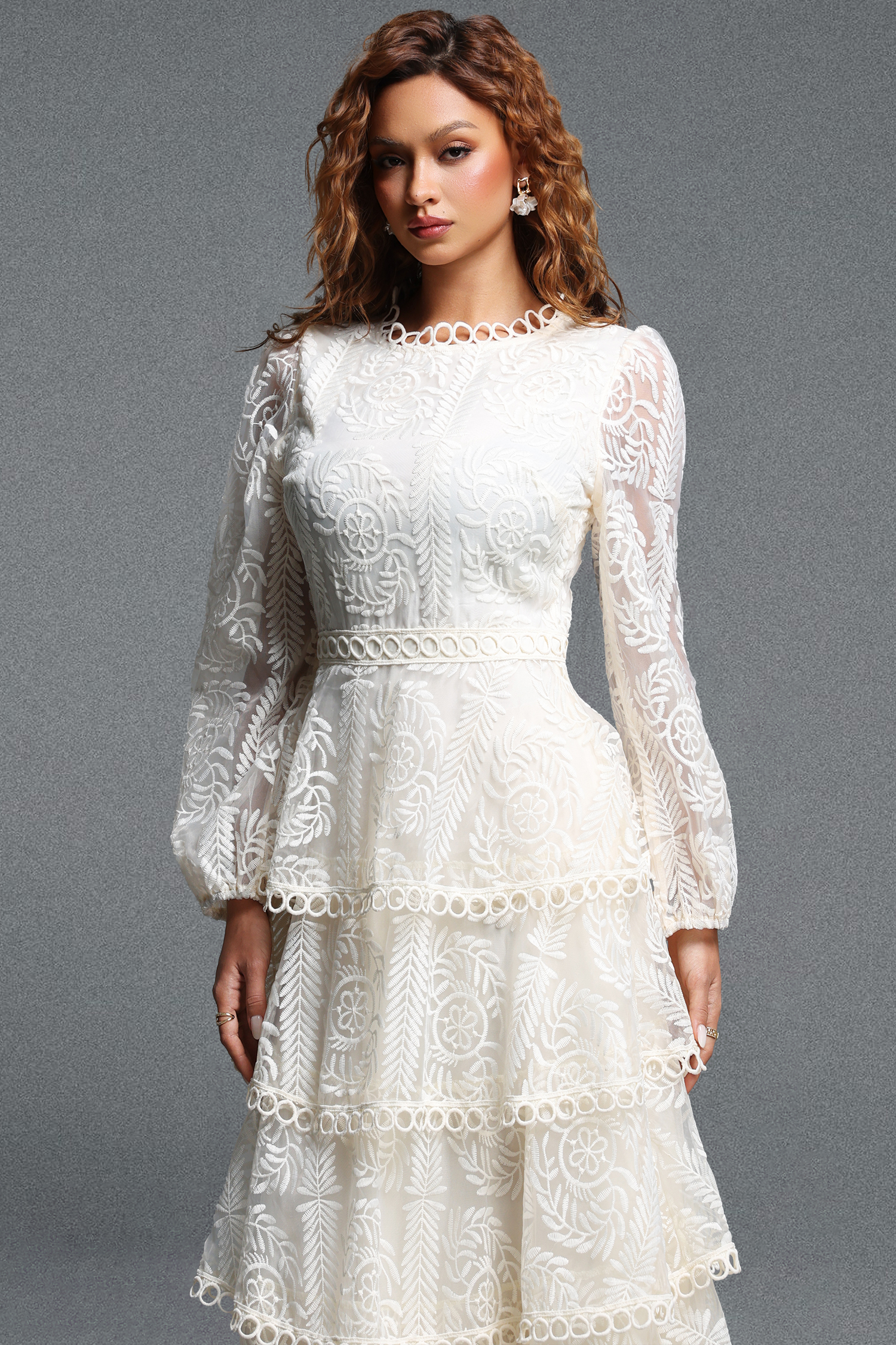 Katya Romantic Flowy Round Neck Long Sleeve Lace Tiered Maxi Dress