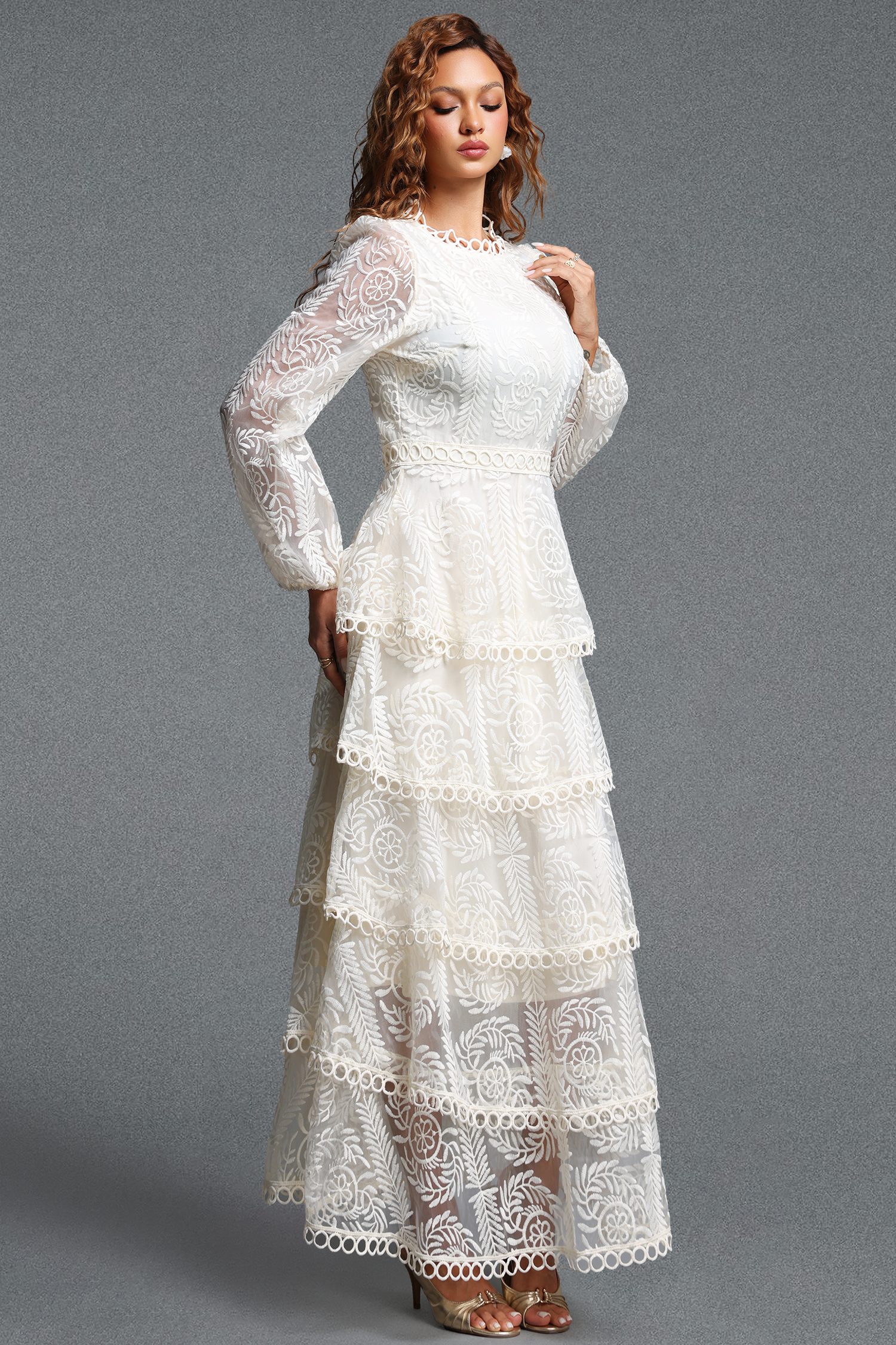 Katya Romantic Flowy Round Neck Long Sleeve Lace Tiered Maxi Dress
