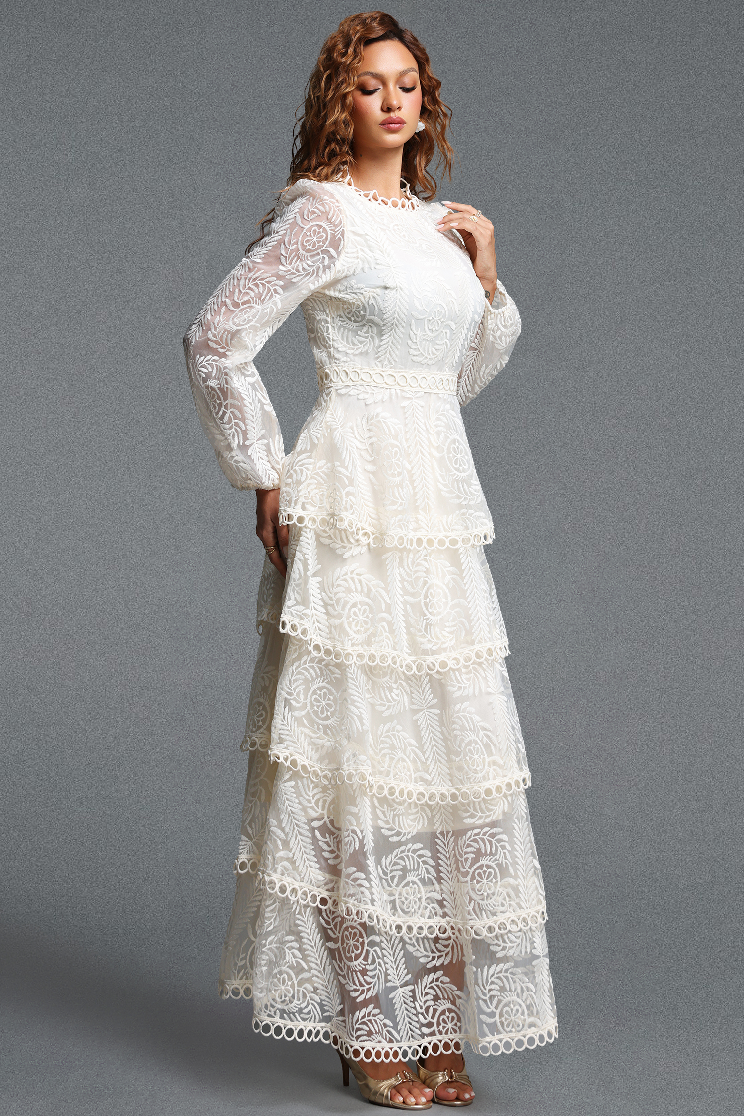 Katya Romantic Flowy Round Neck Long Sleeve Lace Tiered Maxi Dress