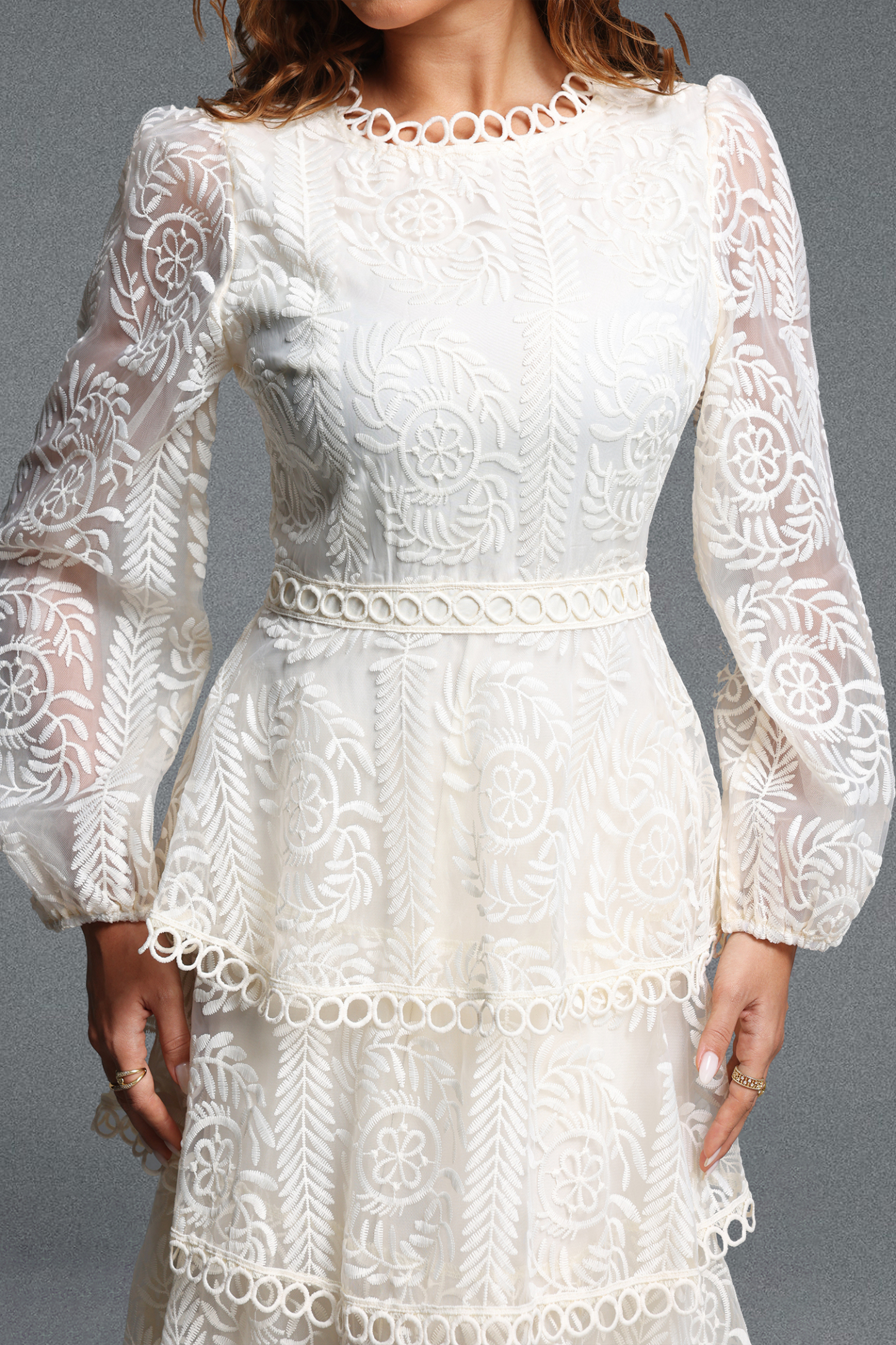 Katya Romantic Flowy Round Neck Long Sleeve Lace Tiered Maxi Dress