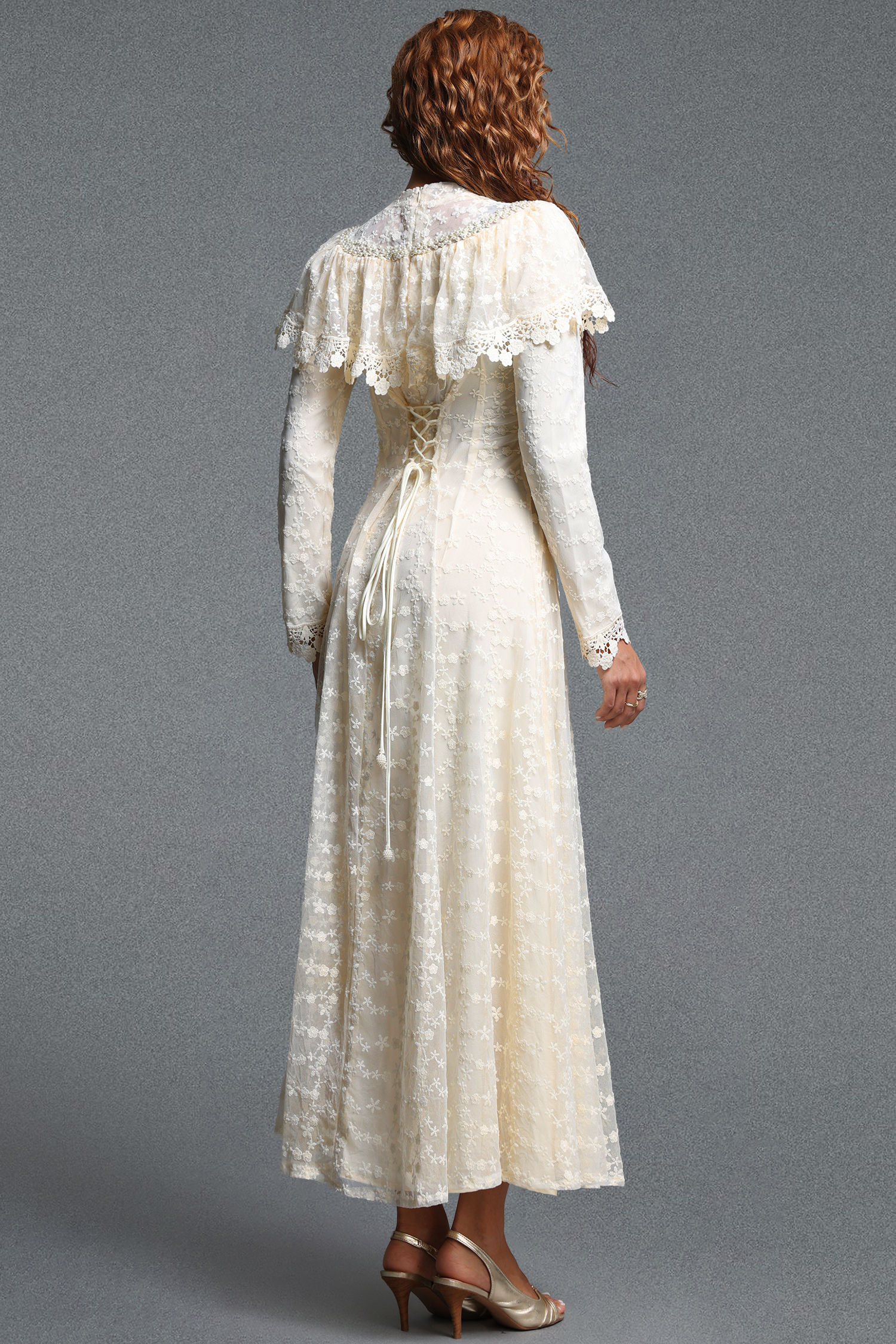 Kanma Romantic Flowy Cape Collar Long Sleeve Floral Lace Maxi Dress