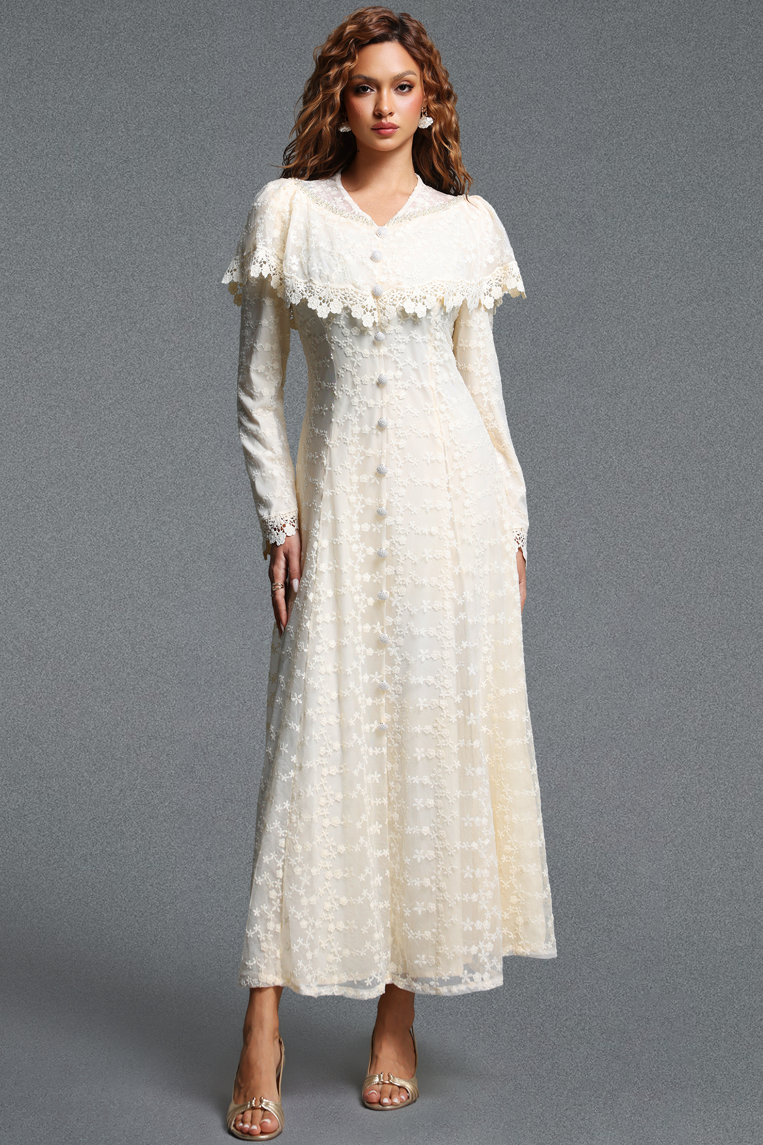 Kanma Romantic Flowy Cape Collar Long Sleeve Floral Lace Maxi Dress