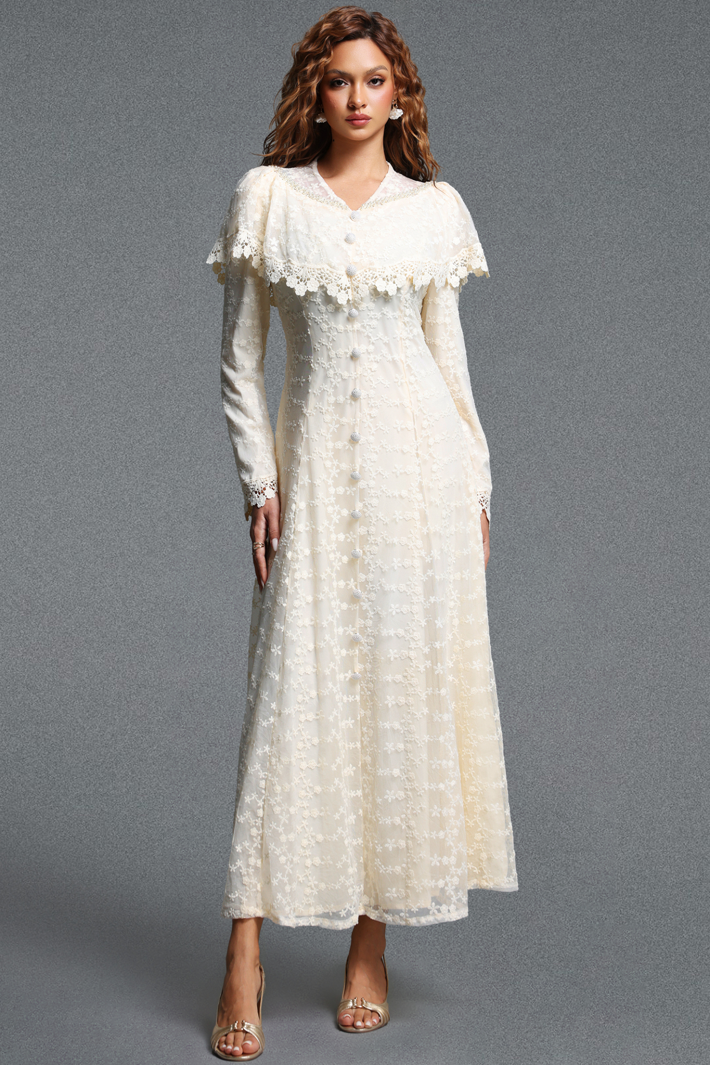 Kanma Romantic Flowy Cape Collar Long Sleeve Floral Lace Maxi Dress