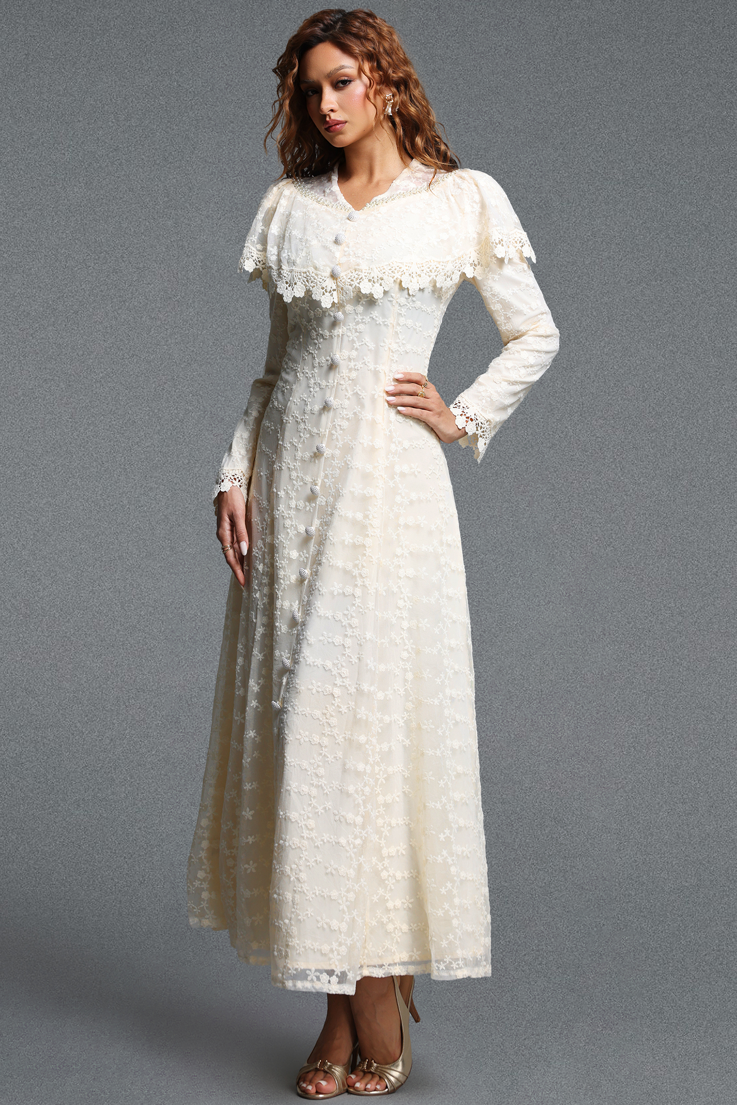 Kanma Romantic Flowy Cape Collar Long Sleeve Floral Lace Maxi Dress