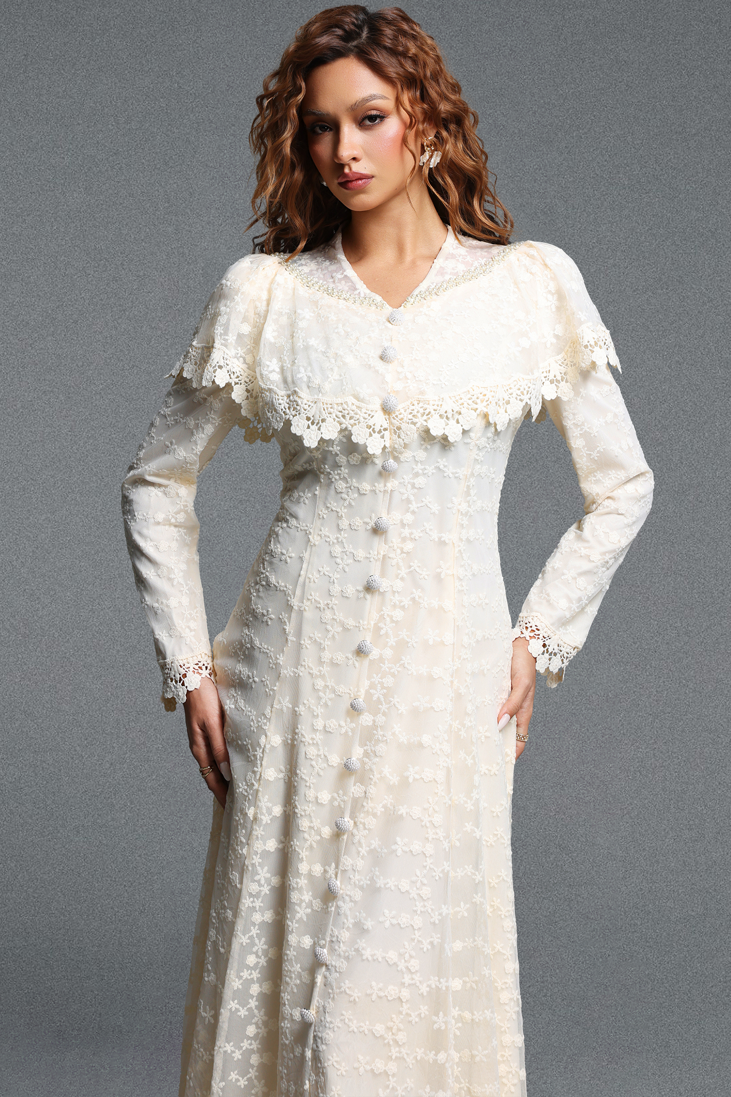 Kanma Romantic Flowy Cape Collar Long Sleeve Floral Lace Maxi Dress