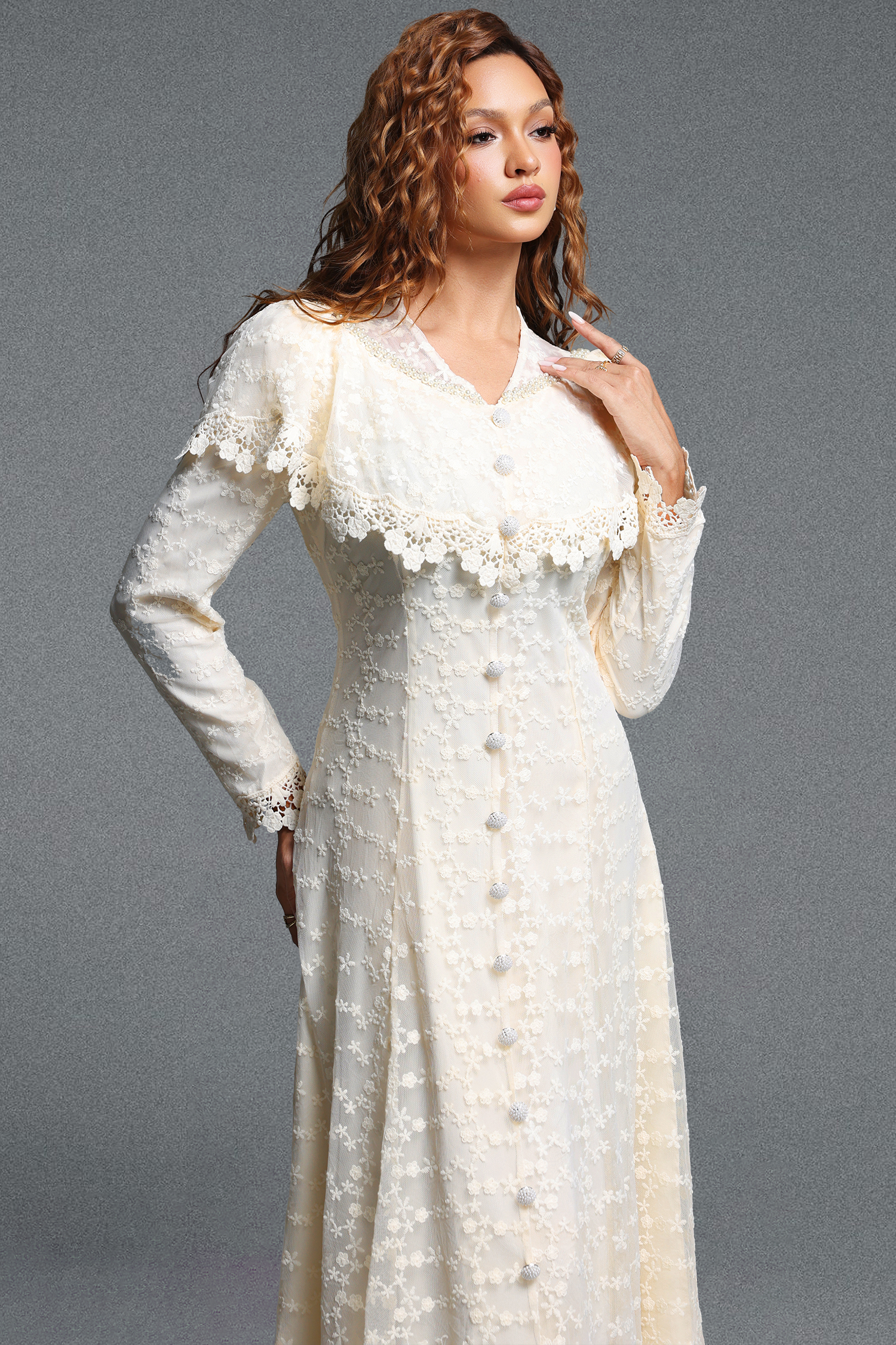 Kanma Romantic Flowy Cape Collar Long Sleeve Floral Lace Maxi Dress