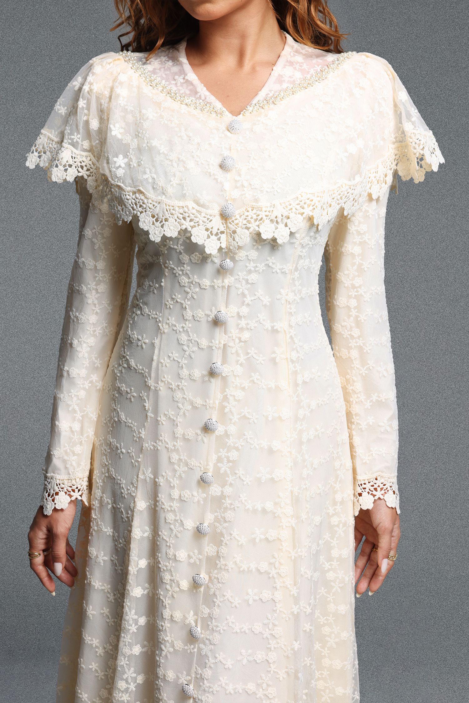 Kanma Romantic Flowy Cape Collar Long Sleeve Floral Lace Maxi Dress